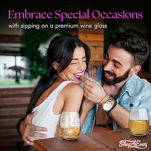 Miniatura 2 de Copa de vino con monograma floral grabada con letra inicial sin tallo, 15 onzas, regalo personalizado con monograma personalizado (R)