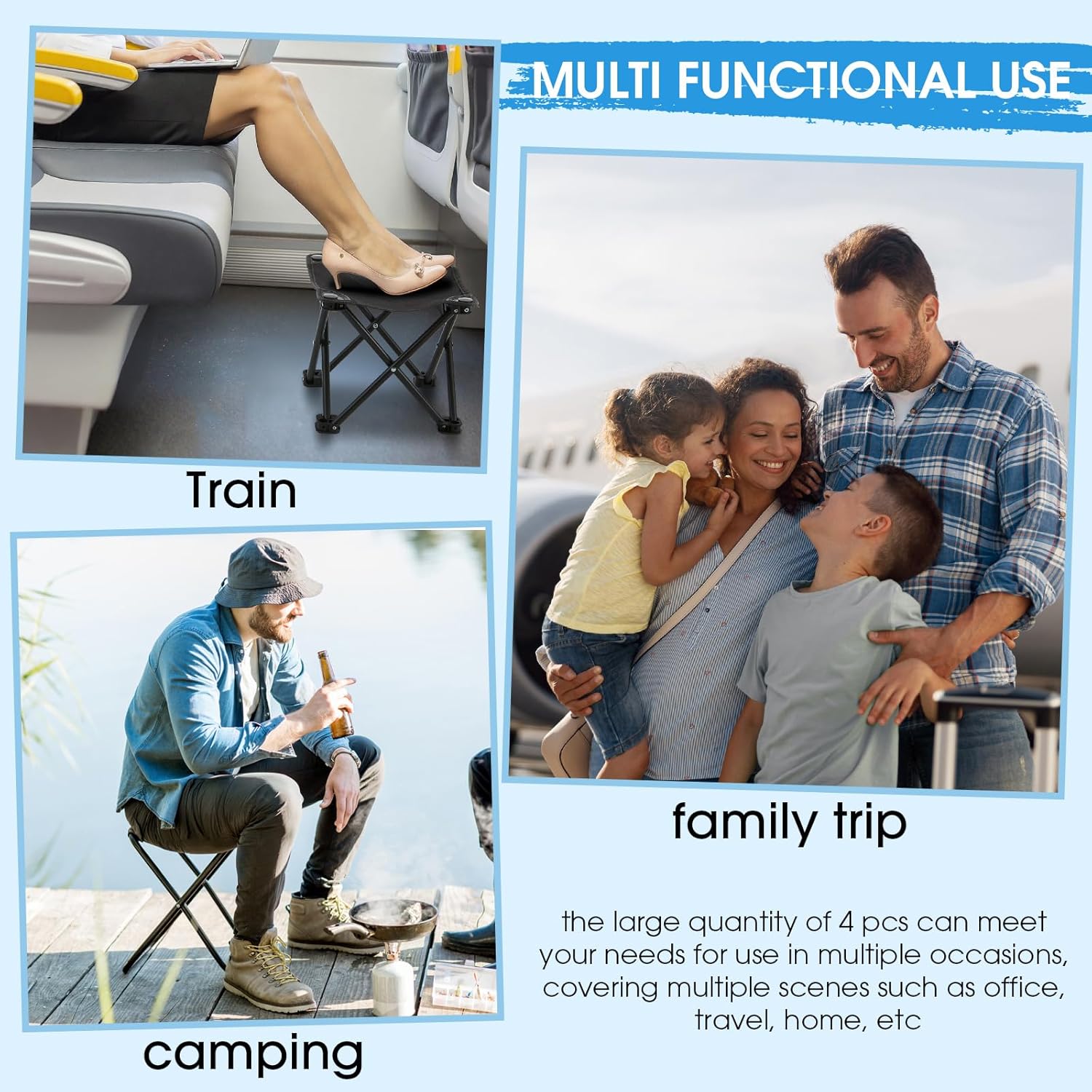 Ripeng 4 Pcs Portable Airplane Travel Foot Rest, Folding Camping Stool, Under Desk Foot Rest at Work for Long Flight, Home and Office Outdoor Hiking Fishing with Carry Bag