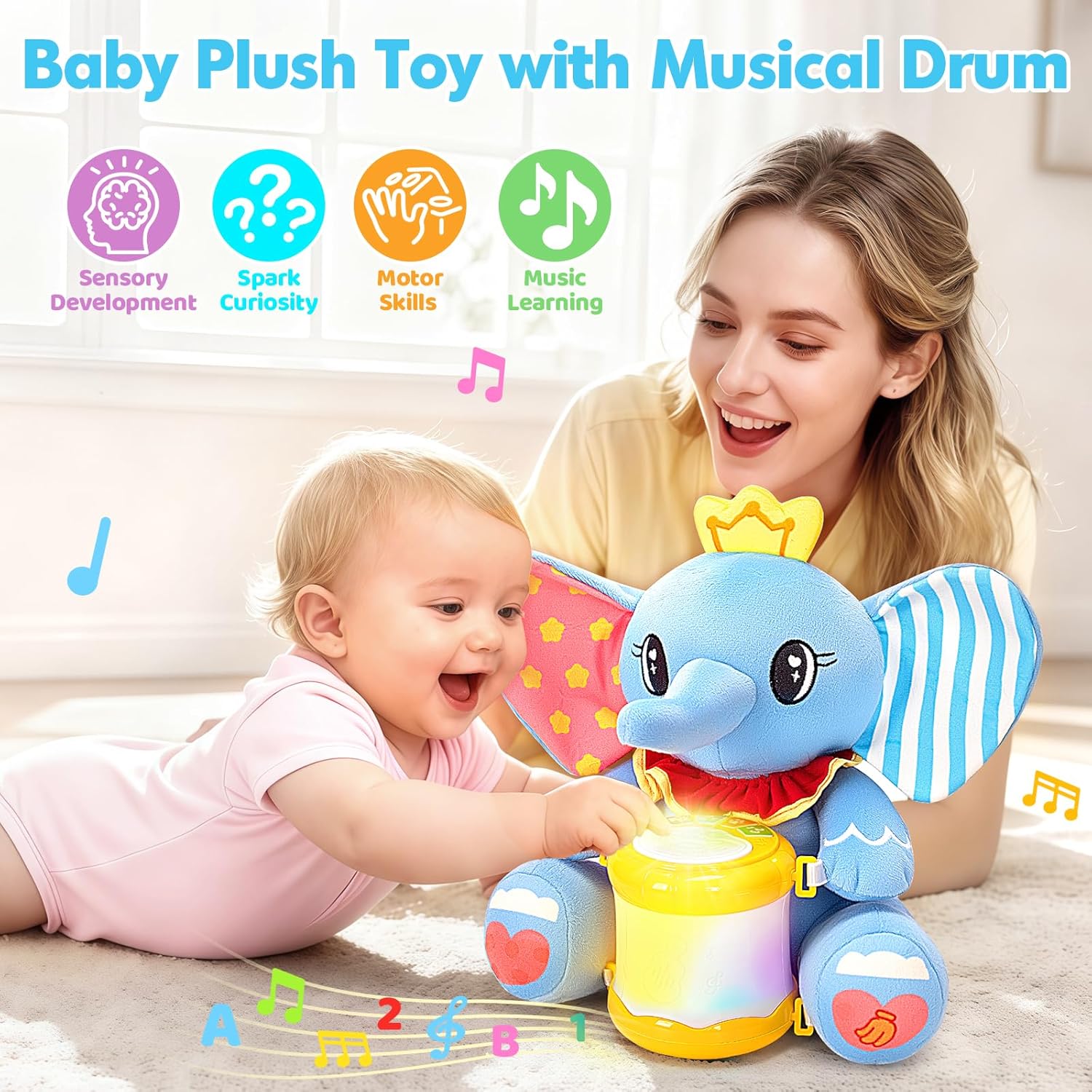Hodurgyi Baby Toys 6-12 Months, Elephant Musical Plush with Lights, ABCs, Animal Sounds, Numbers, Infant Early Learning Toy,Christmas Birthday Gifts for 6+ Month Boys &Girls