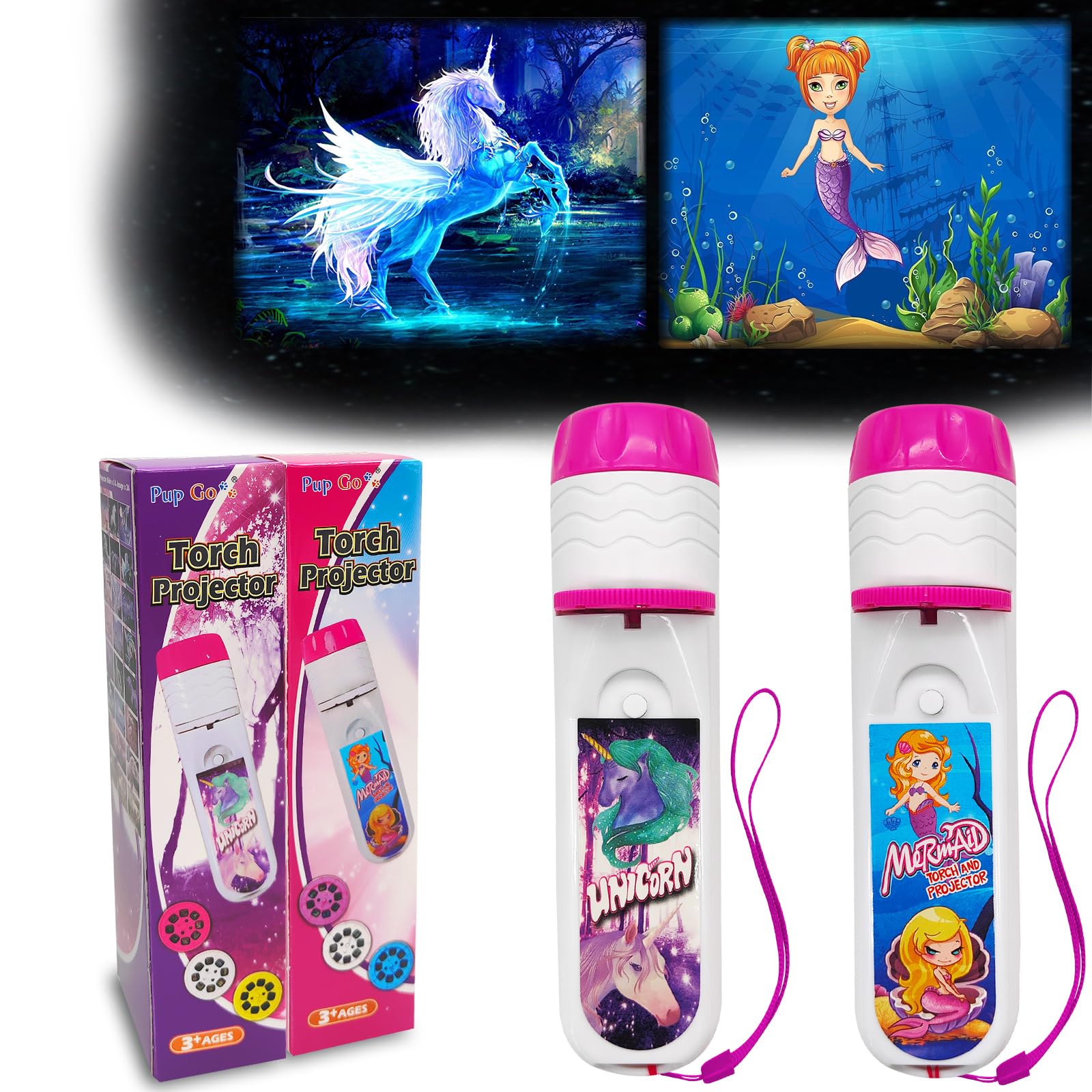 Pup Go Confezione da 2 Torce e Proiettore Sirena e Unicorno con 6 Dischi e 48 Immagini, Giocattolo Unicorno Fata per Ragazze, Torcia Rosa per Bambini, kit Scientifici Educativi Regalo per Bambini 3+