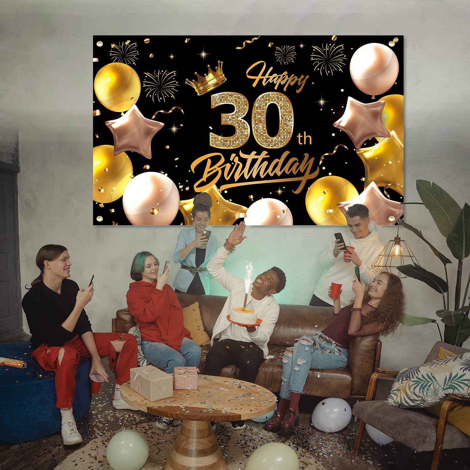 Striscione Compleanno 30 Anni - Tessuto Poliestere 180x110cm, Oro E Nero, Decorazione Festa - Foto 10