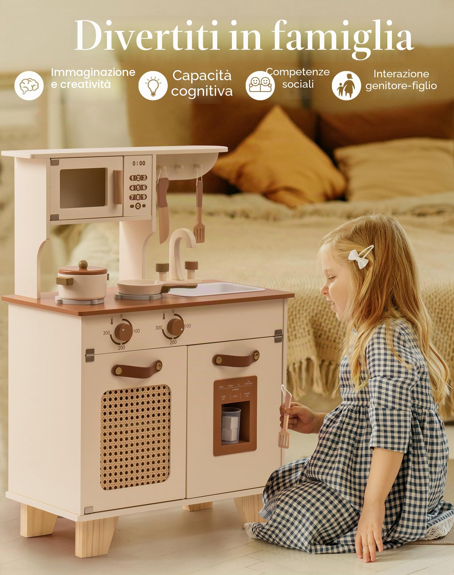 ROBUD Cucina Giocattolo per Bambini in Legno, Gioco Cucina con Dispenser interattivo per cubetti di Ghiaccio e Accessori, Set da Cucina in Legno per Bambini, Regalo per Ragazze e Ragazzi dai 3+ Anni