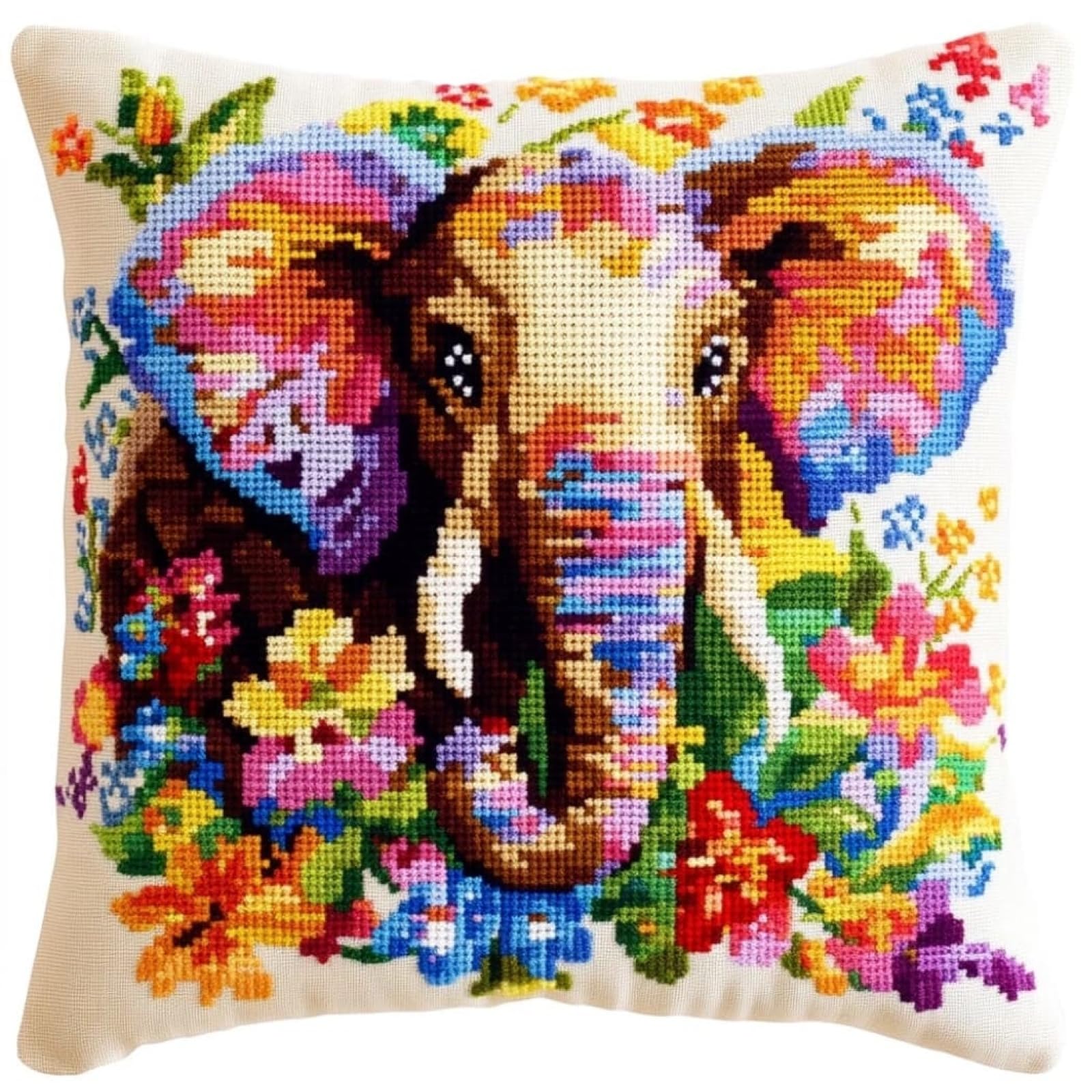 WallustrioaW Cross Stitch Pillow Kits for Adults,Elephant in the Flower Garden DIY Cushion Embroidery Kit 45x45cm Needlepoint Handmade Needlework Cushion Kit