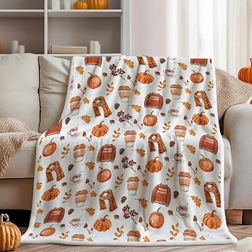 Fall Fleece Throw Blanket, Autumn Pumpkin Spice and Everything Nice with Books Wraps Coffees Lattes Pumpkins Pies Oversized, Soft Blanket for Couch,Cozy,Warm,Lightweight,50X60