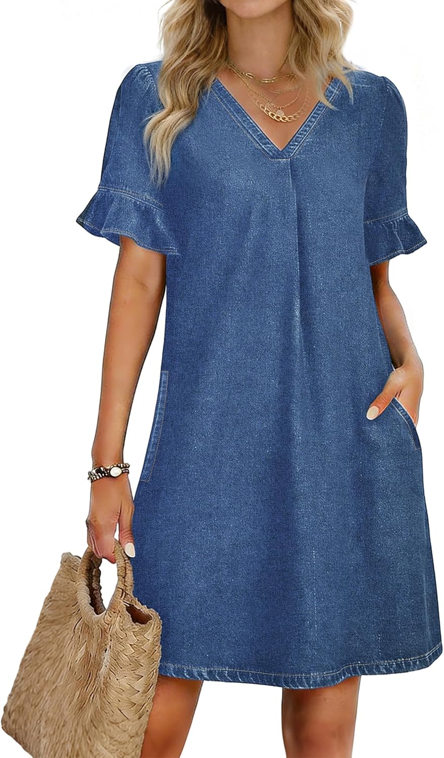 Women's Denim Dress V Neck Ruffle Short Sleeve Babydoll A-Line Jean Mini Dress with Pockets