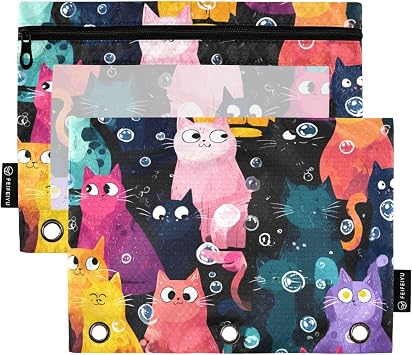 Pencil Pouch for 3 Ring Binder,Pencil Pouches Case Binder Pencil Bags with Zipper&Clear Window Reinforced Grommets for School Children Office Examinations 2 Pack Black Cute Cat and Bubbles
