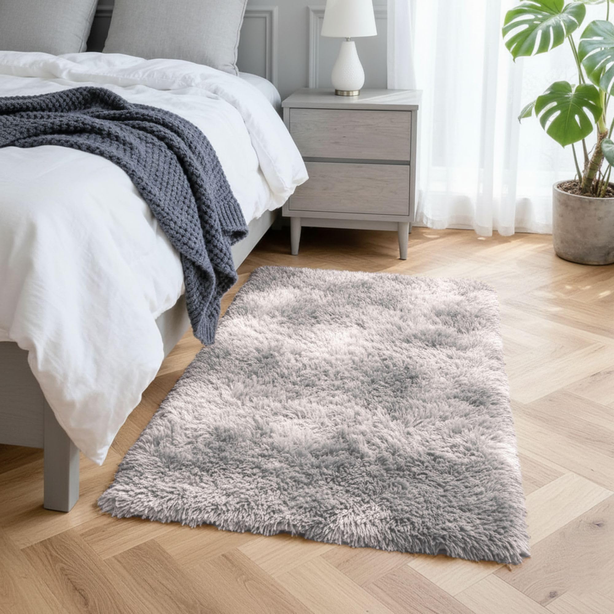 Hafaa Fluffy Shaggy Rugs Living Room Tie-Dye Light Grey 60x110 cm, Soft Thick Pile Carpet Bedroom, Non Slip Small Bedside Rug for Kids Nursery Room Non-Shedding