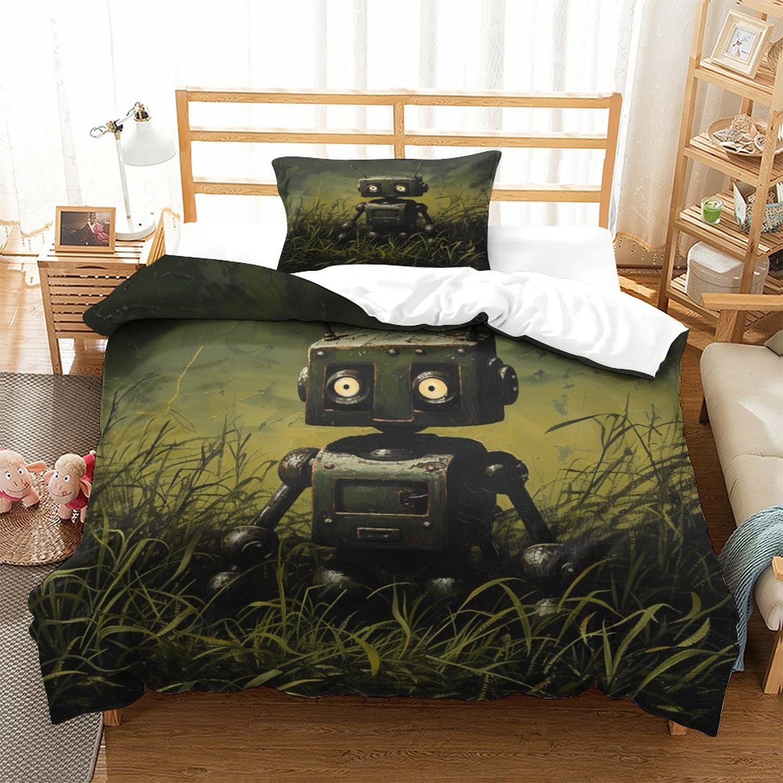 P1S9U7W5Y Cute Robot 3D Printed 3pcs Microfiber Duvet Cover Set Cartoon Grass Themed Bedding Set Single（135x200cm）