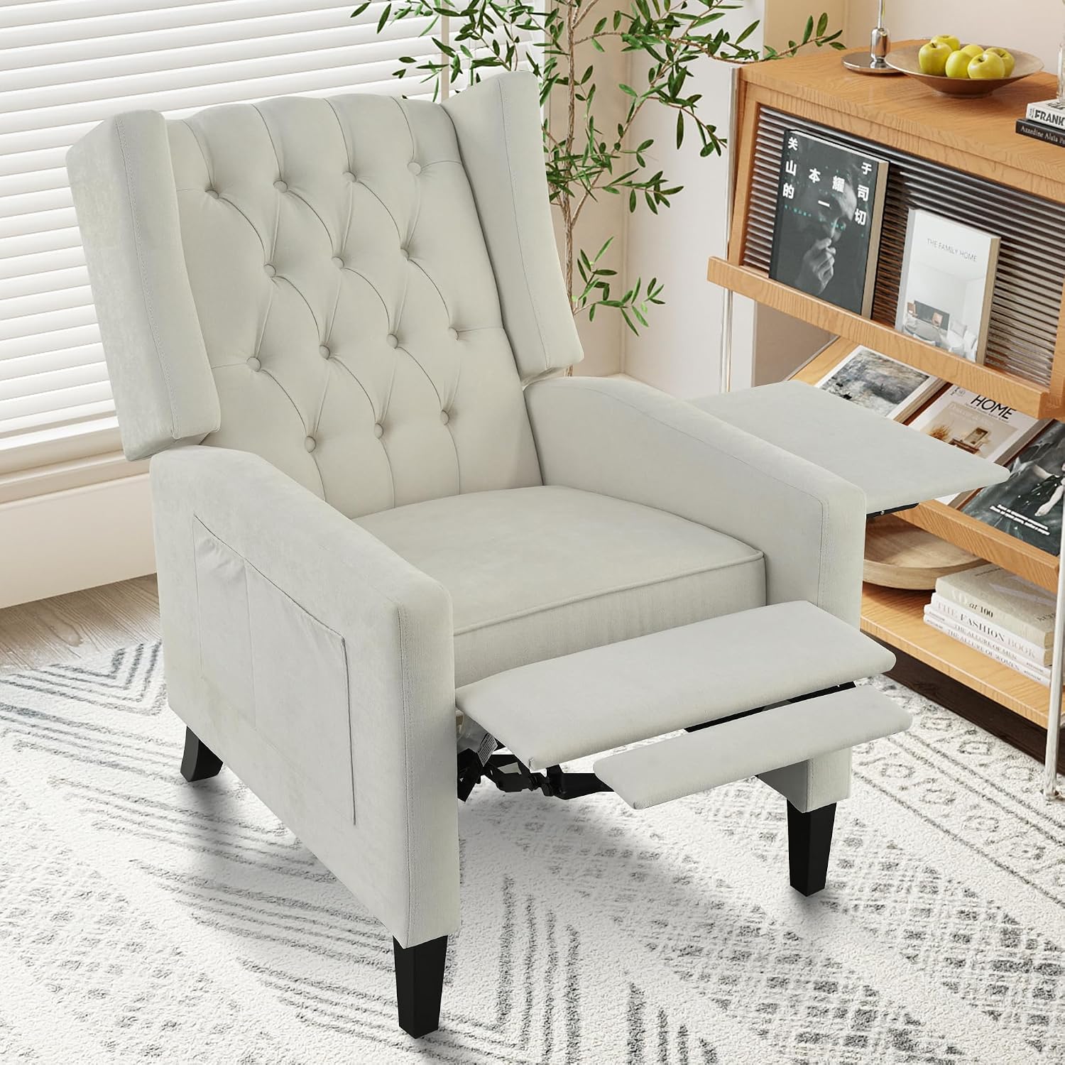 Mid Century Wingback Recliner, Fabric Push Back Recliner Chair Single Rolled Armchair Sofa with Rivet Decoration, Accent Chairs with Stable Hump Feet for Living Room (Beige①)