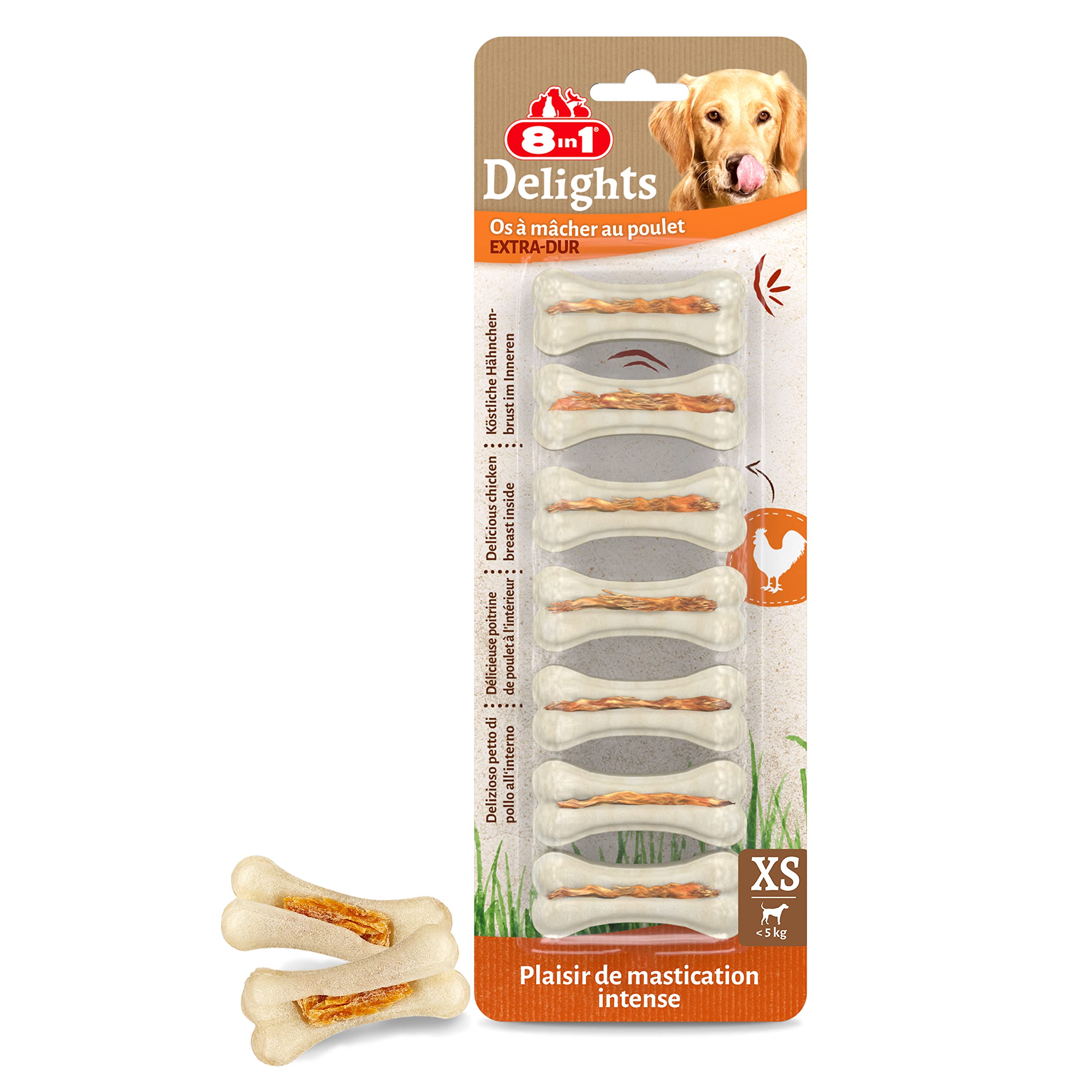 8in1 Delights Strong XS - Os à Mâcher ferme garnis de poulet pour Chien Adulte de Petite Taille - 7 pièces