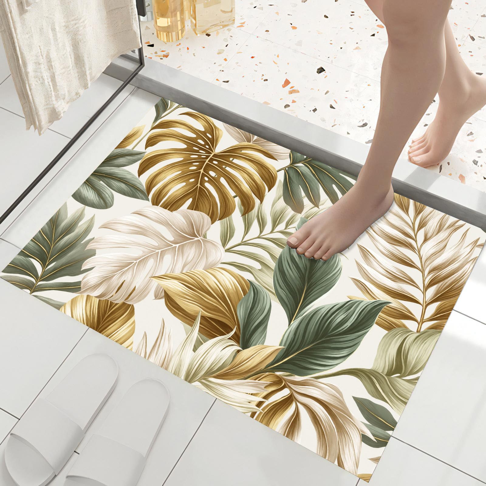 Tapis Monstera beige et or 80x120 cm lavable et antidérapant