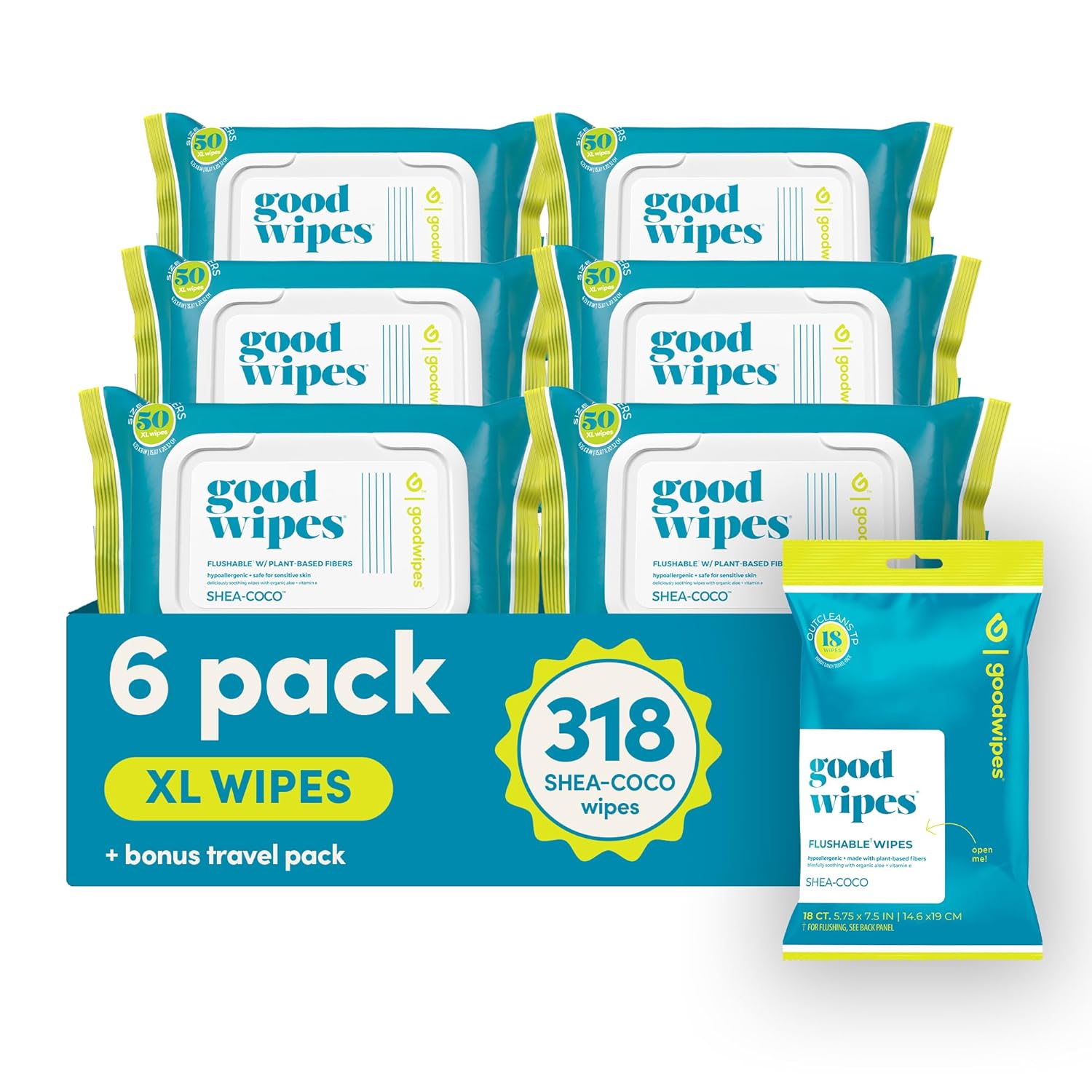 goodwipes Flushable Butt Wipes – Vitamin E & Aloe – Sewer & Septic Safe – Extra Large Adult Wet Wipes For Women & Men – Bathroom Essentials – Shea Coco, 318 Count (6 Packs + 1 Travel)