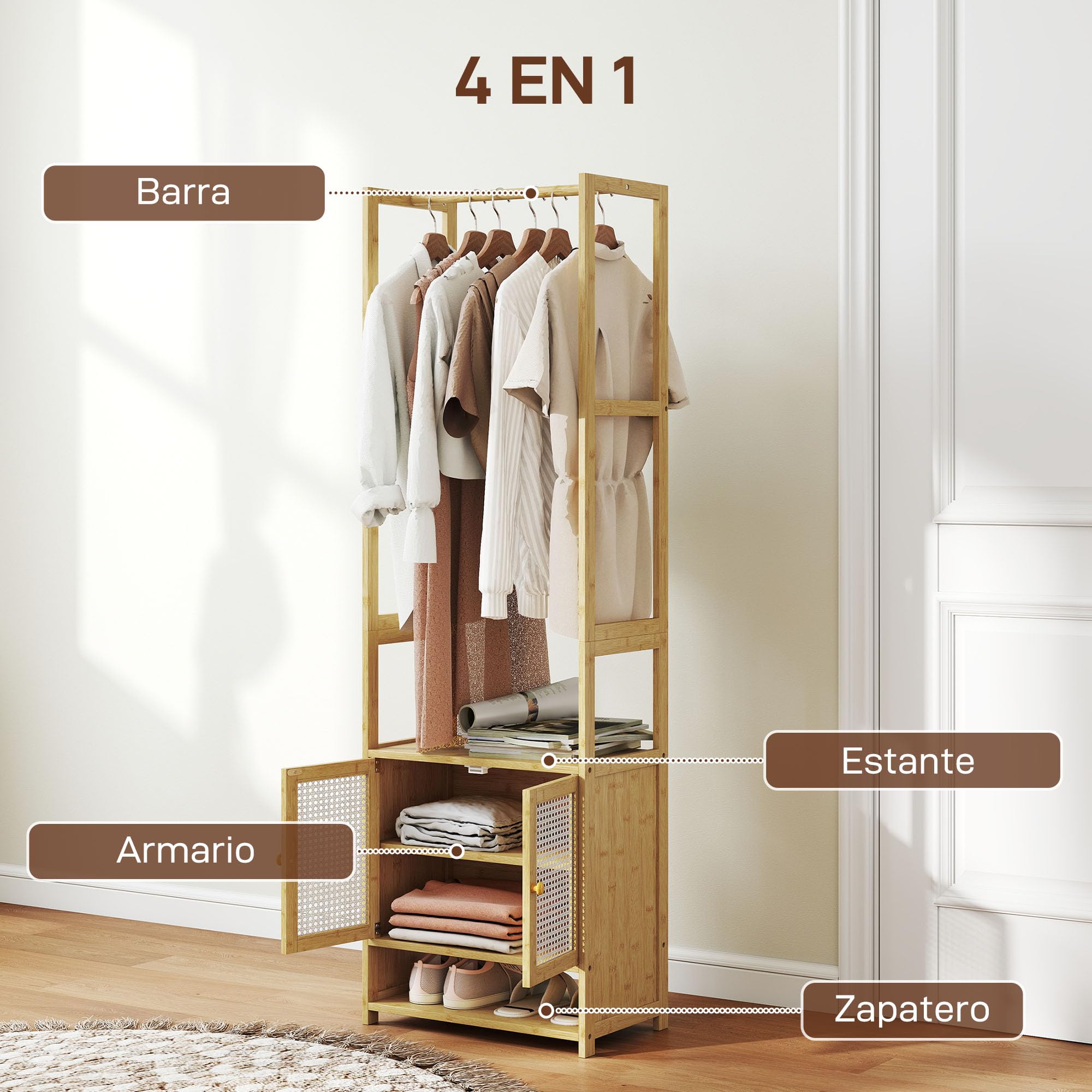 HOMCOM Perchero con Armario, Perchero para Ropa de Bambú, con Zapatero, Barra para Colgar, Estante Ajustable, para Entrada, Pasillo, Dormitorio, 53x31x168 cm, Natural