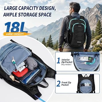 Blue Quartz Hydration Backpack with 2L Water Bladder, 18L Hiking Backpack for Women Men, Lightweight Water Pack with Phone Pocket for Quick Access, Hydration Pack for Cycling, Running, Biking