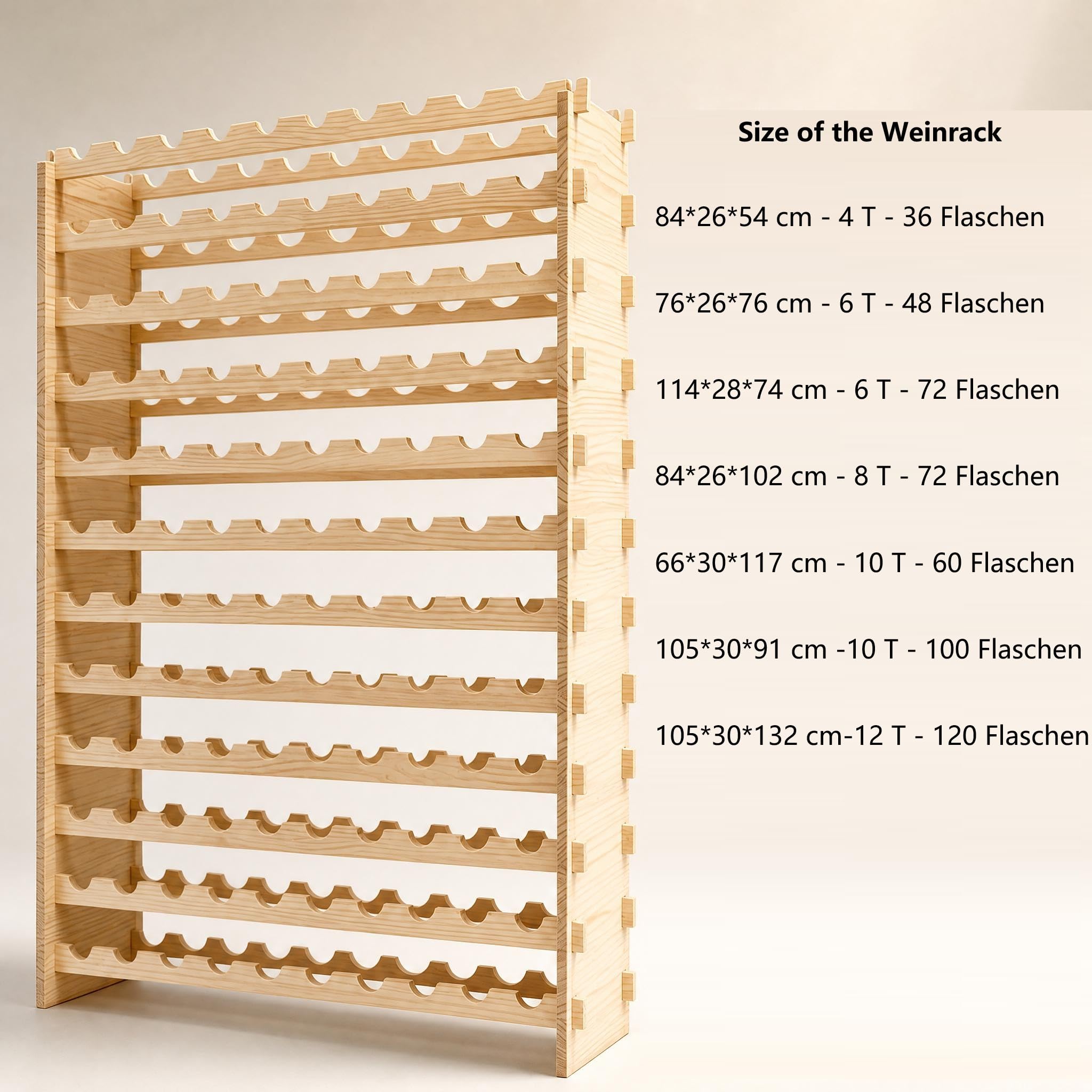 GarveeTech Weinflaschenregal 36 Flaschenständer Stapelbares Weinregal aus Kiefernholz, stabile Zapfenverbindung, Natur‑Optik, platzsparend für Küche, Wohnzimmer, Bar
