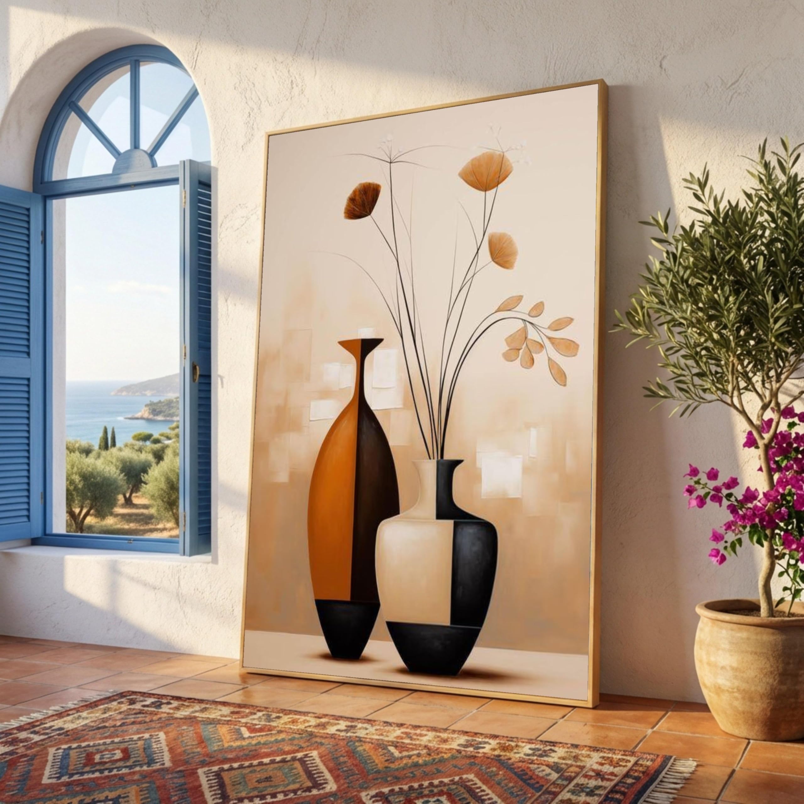 TONGYINLI Abstract Vase Still Life Canvas Print, Neutral Toned Floral Wall Art, Contemporary Home Decor, Geometric Painting(70x100cm/Frameless)