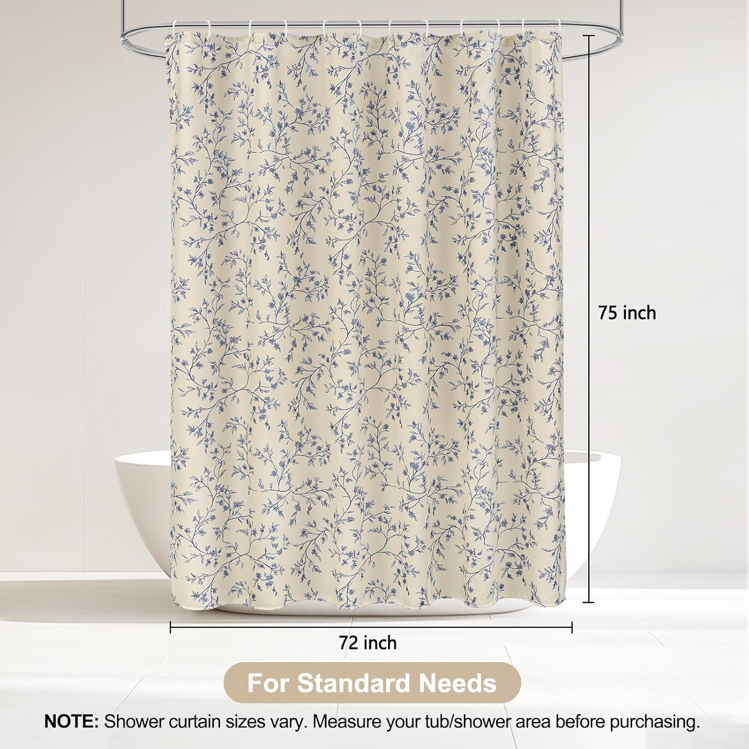 Blue Floral Shower Curtain Linen, Twiggy Leaves Flower Shower Curtain for Bathroom 72x75, Luxury Farmhouse Chic Bathroom Décor