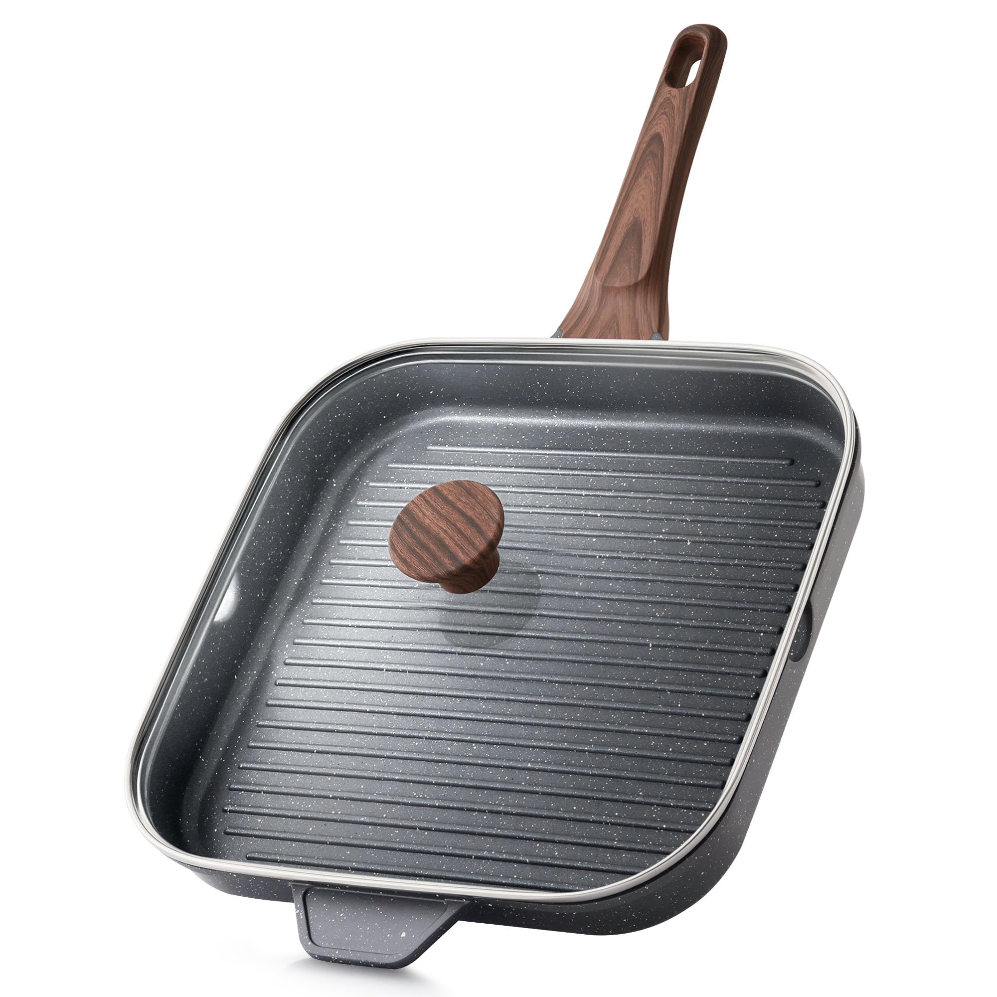 SENSARTE Nonstick Grill Pan with Lid, Grill Pan for Stove Tops, Versatile Griddle with Pour Spouts, Square Big Cooking Surface, Durable Skillet Indoor &amp; Outdoor Grilling. PFOA Free, 12Inch