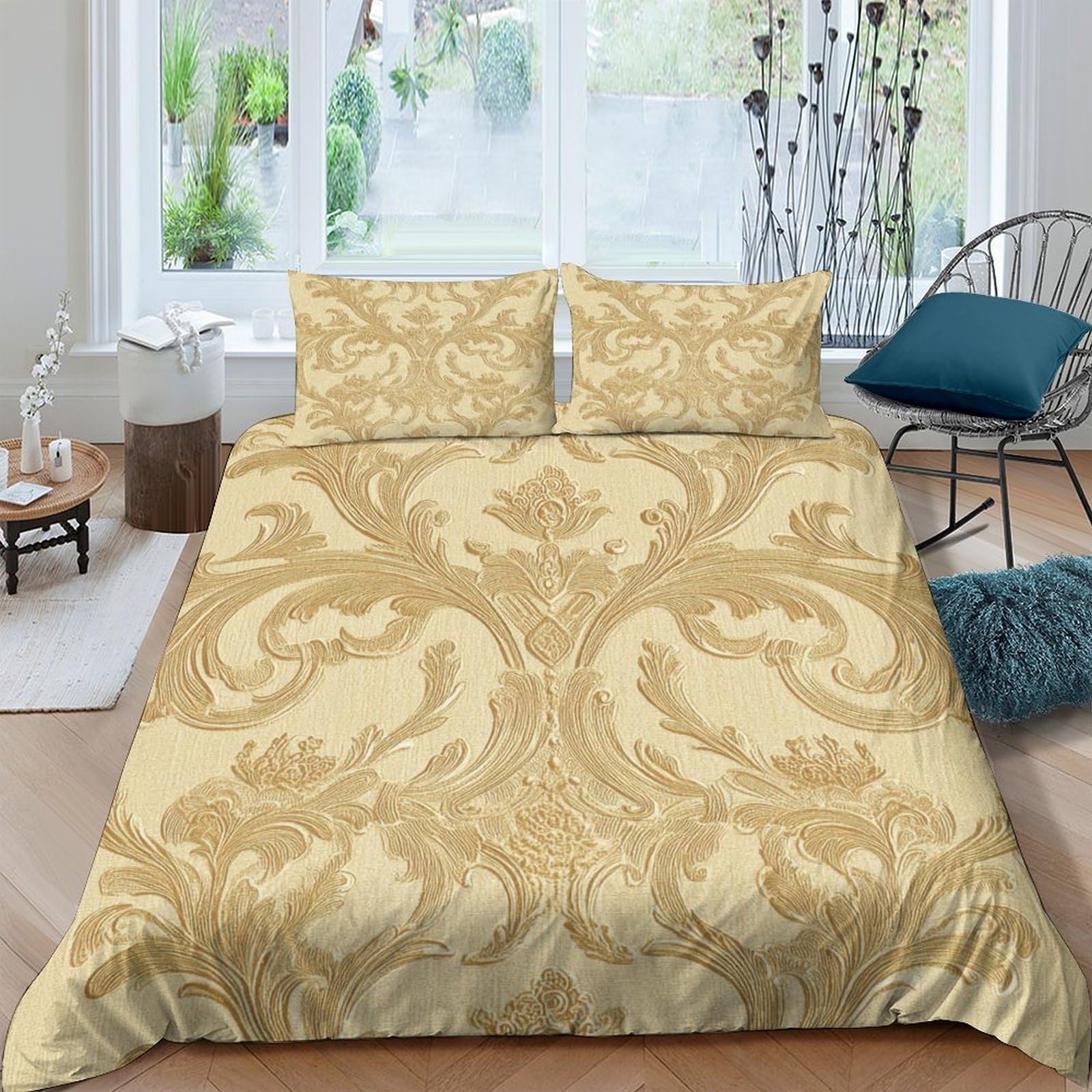 Ctjqhvkz Style-9 3D Printed Baroque Gold Fitted Sheet Microfiber Soft Ornate Damask Bed Cover For Bedroom Guest Room Decor Single（135X200cm）