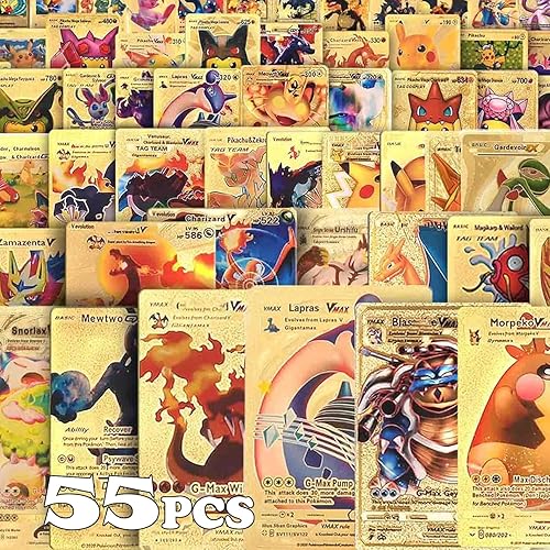 55 PCS Gold Foil Card Cards Packs Assorted Variety No Duplicate Deck Box with GX Vmax DX EX V Rare Golden for Birthday Party Favors Gifts Idea