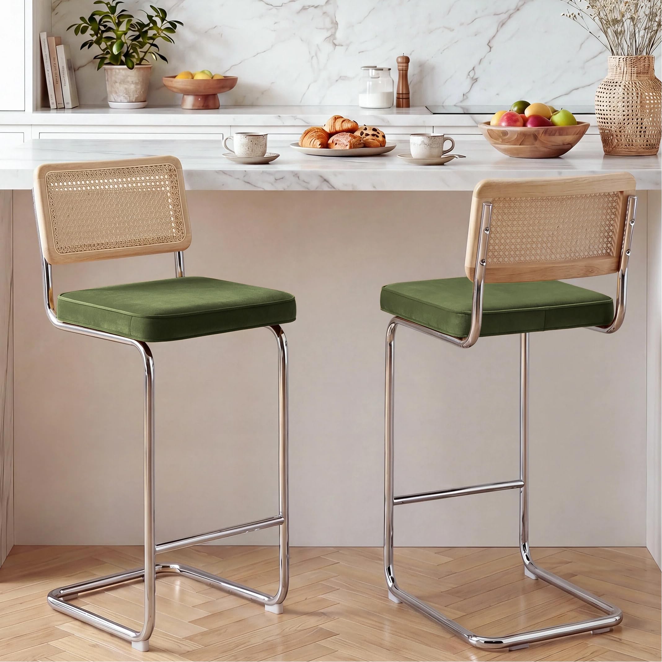 Zesthouse Natural Rattan Bar Stools Set of 2, Modern Boho Bar Height Stools