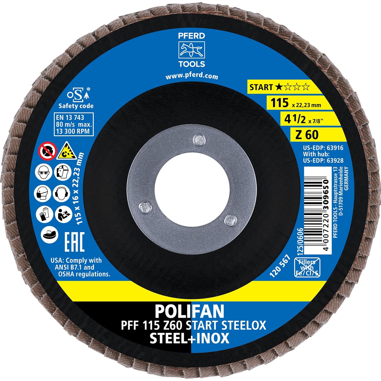 PFERD Z Start STEELOX Type 27 Flat Flap Disc, 4-1/2" Diameter, 7/8" Arbor, 60 Grit, Zirconia – Use on Steel & Stainless Steel (Pack of 10) - Part 63916