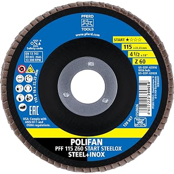 PFERD Z Start STEELOX Type 27 Flat Flap Disc, 4-1/2" Diameter, 7/8" Arbor, 60 Grit, Zirconia Use on Steel & Stainless Steel Pack of 10 - Part 63916