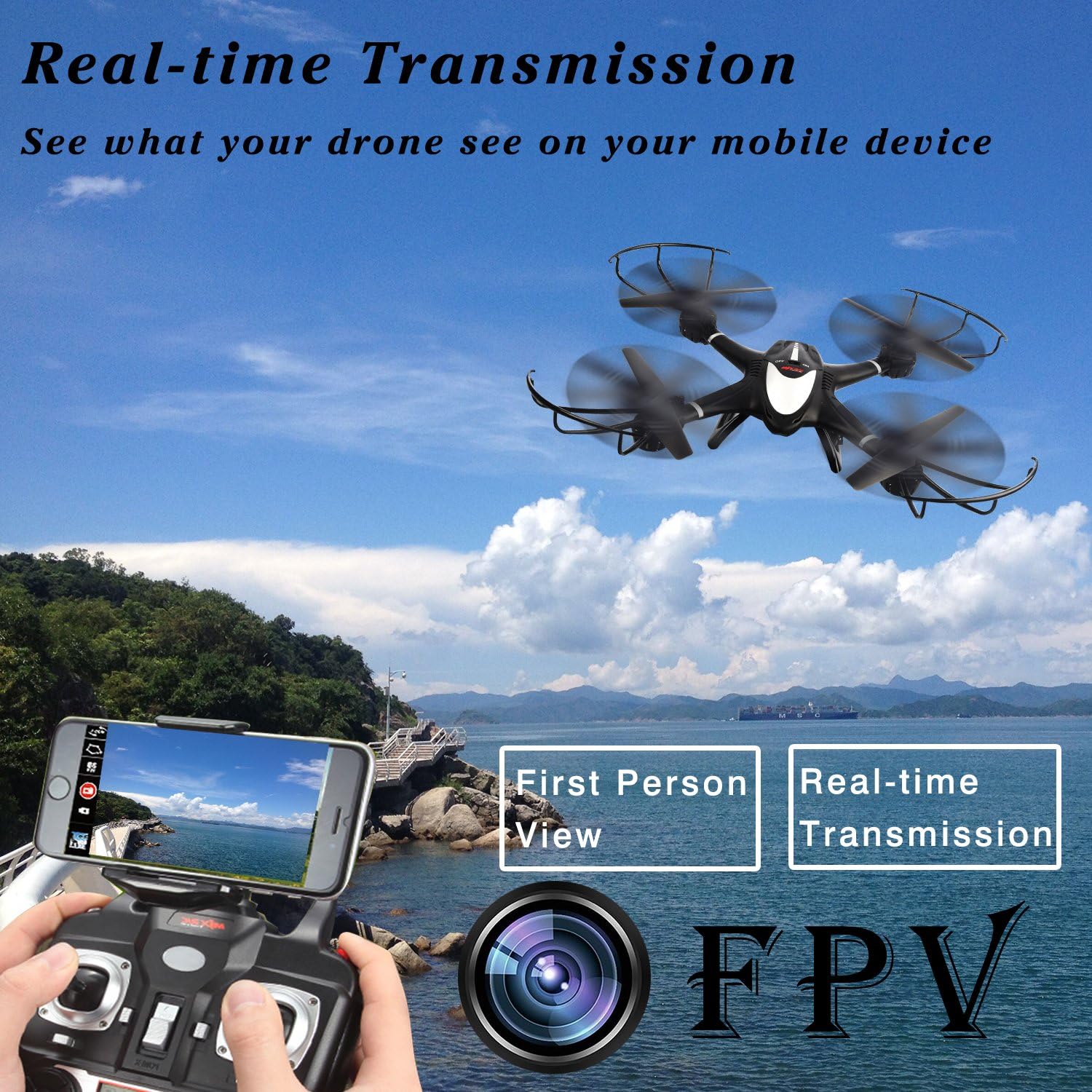Drone controller with a smartphone showing live FPV feed, with text 'Real-time Transmission' and 'First Person View'.
