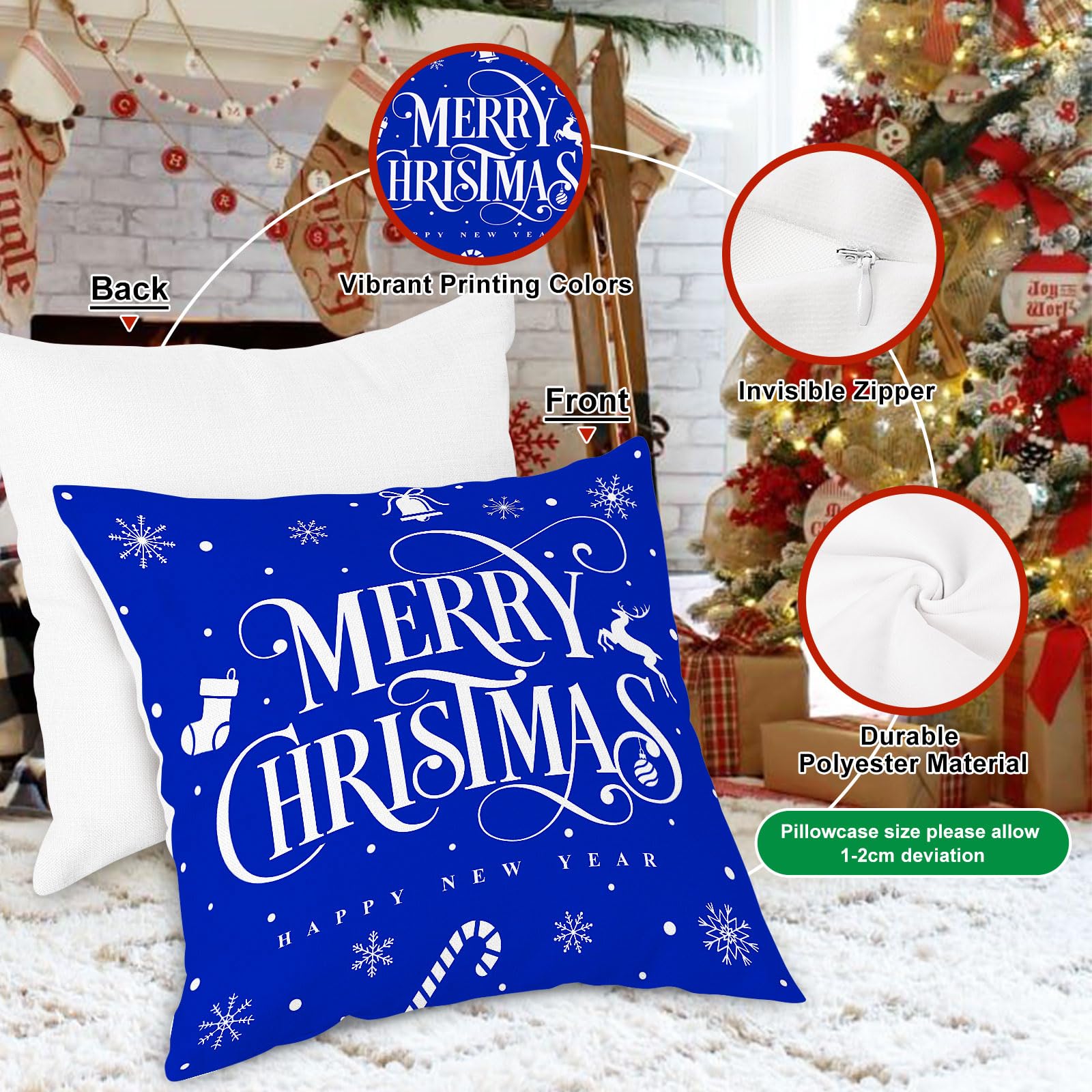 Lanpn 40x40 cm Blue Christmas Pillow Covers Set of 4, Winter Decorative Pillow Case - Image 3