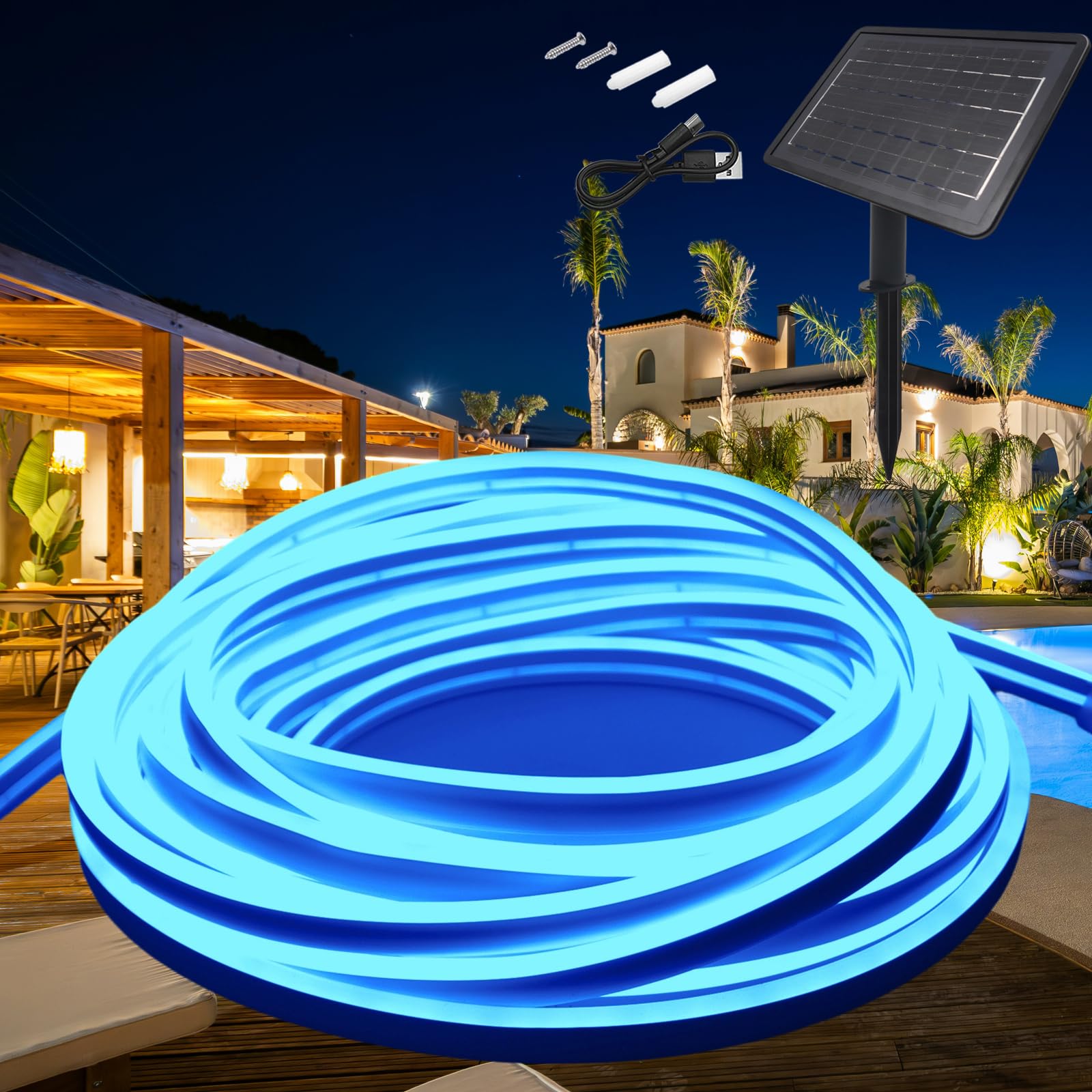 KISUFU 24V Solar Neon Light Strip, 120 LEDs/m IP68 Waterproof Outdoor Garden Solar Powered Fairy Lights with 2400mAh Solar Cell Box Controller for Patio Yard Party.