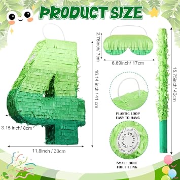 WinnerWhy Number 4 Pinata 16 Inch Green Birthday Pinata Stick Blindfold