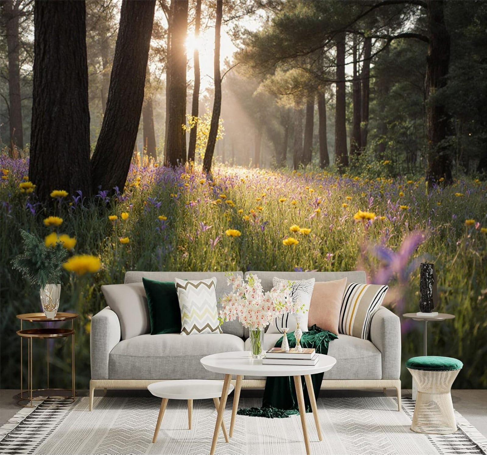 XLMING Morning Light in The Forest Wildflowers Trees Natural Scenery 3D Wallpaper Silky Texture Home Study Office Grey Dining Room Sofa Bedroom Living Room TV Backdrop-400cm×280cm