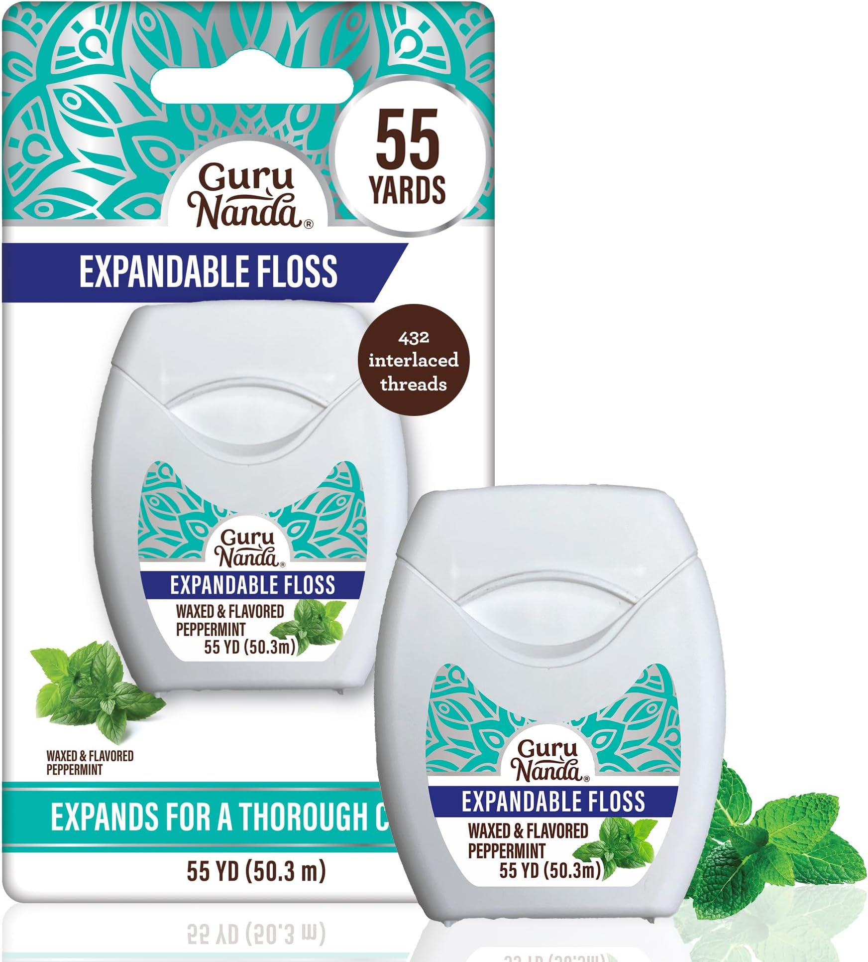 GuruNanda Expandable Waxed Dental Floss for Gentle, Deep Cleaning Wide Teeth Flossing - Peppermint Flavor - 55 Yards, 1 Count