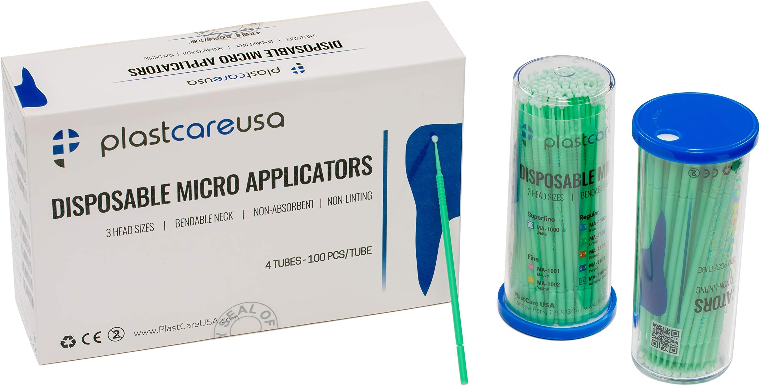 400 Regular Micro Applicator Brushes - Disposable Dental Microbrushes with Bendable Tip - Microswabs for Eyelash Extensions - Microbrush Applicator Sticks with Cotton Tip (Green, 4 Tubes of 100)
