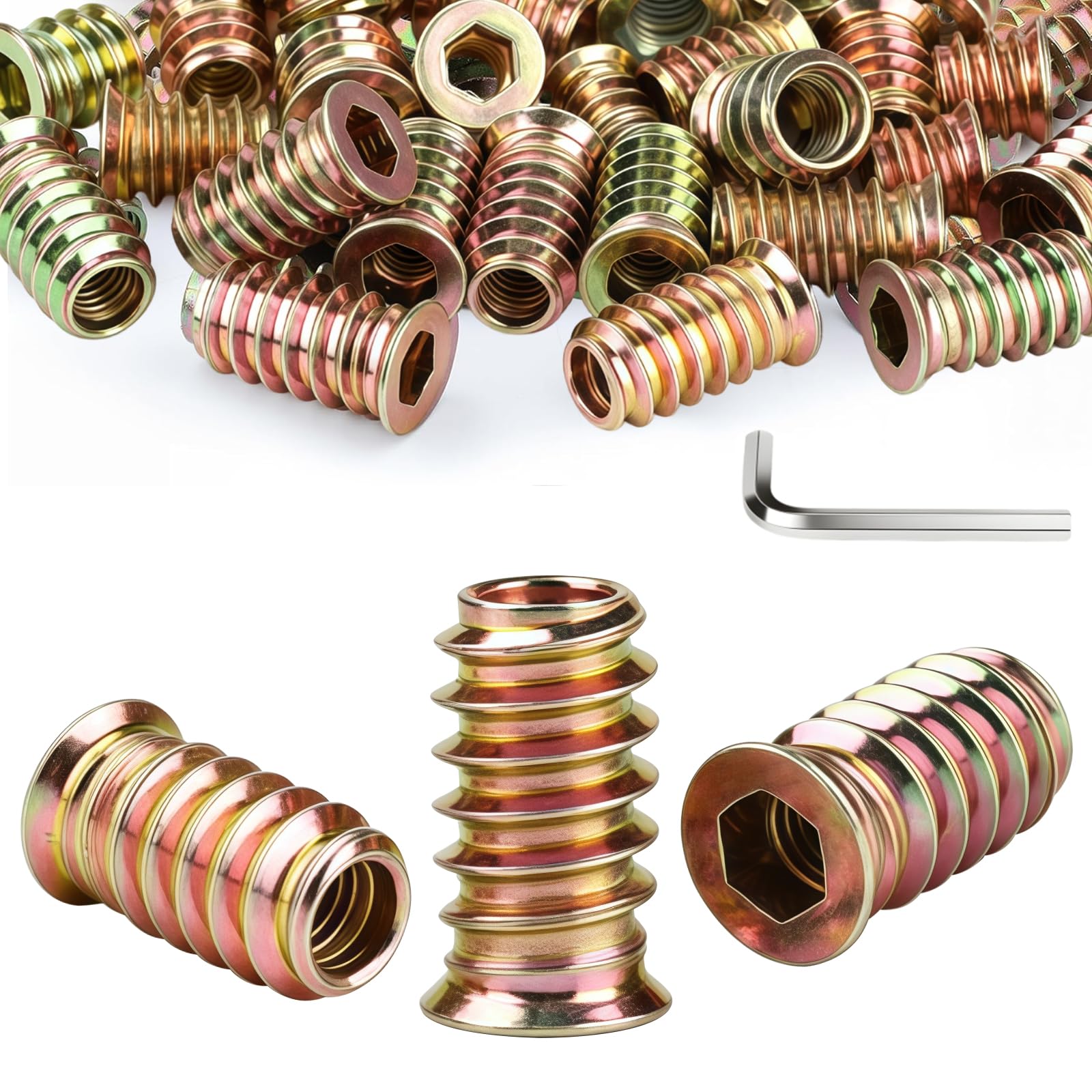 Ruytx 60pcs Threaded Inserts for Wood M8x13mm Insert Nuts Hex Drive Head Nuts Carbon Steel Threaded Inserts for Various Wood Furniture Manufacturing and Assembly