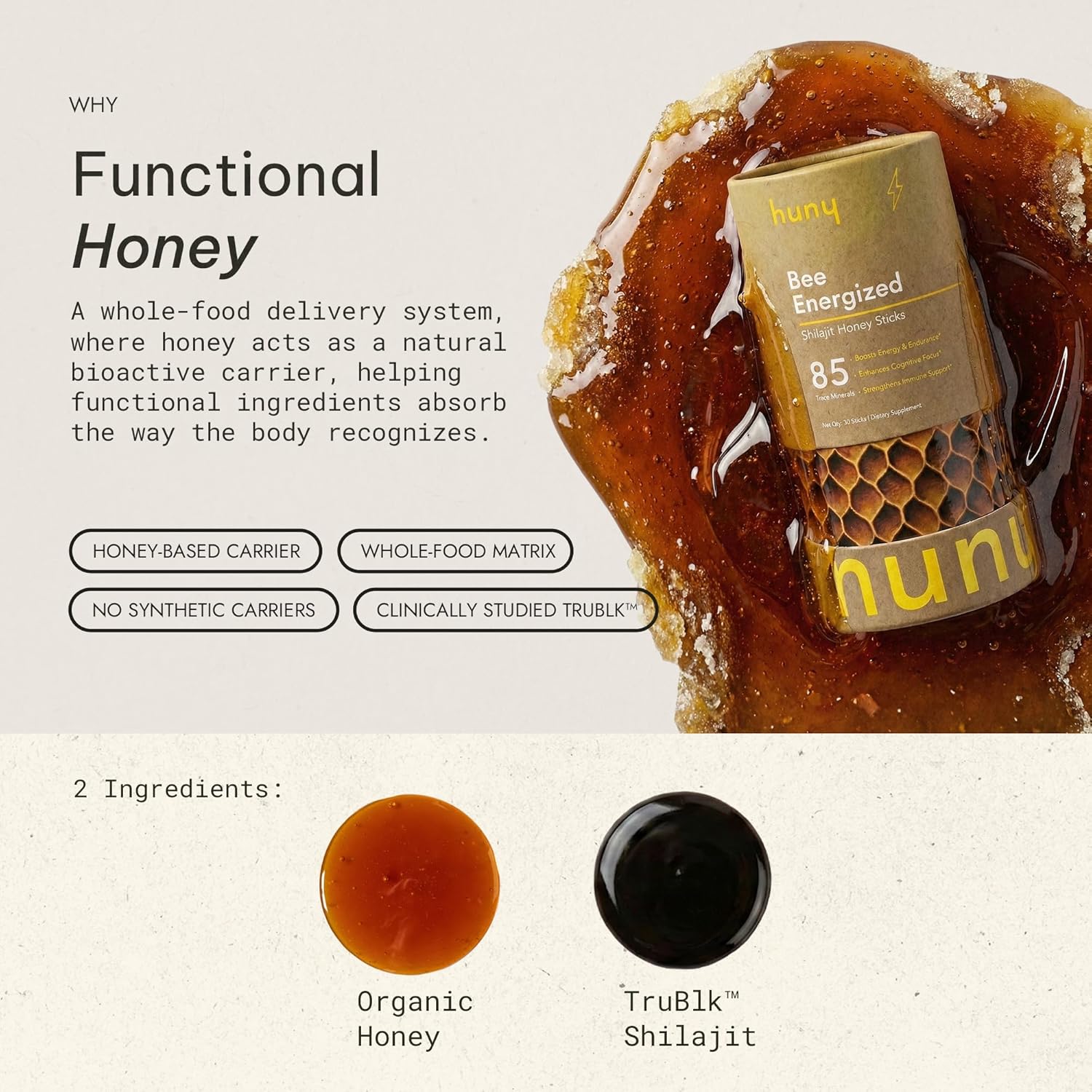 HUNY Bee Energized Shilajit Honey Sticks | Functional Raw Honey + TruBlk Clinically Studied Pure Himalayan Shilajit | 85+ Trace Minerals & Fulvic Acid for Clean Energy | 30 Count - Image 3