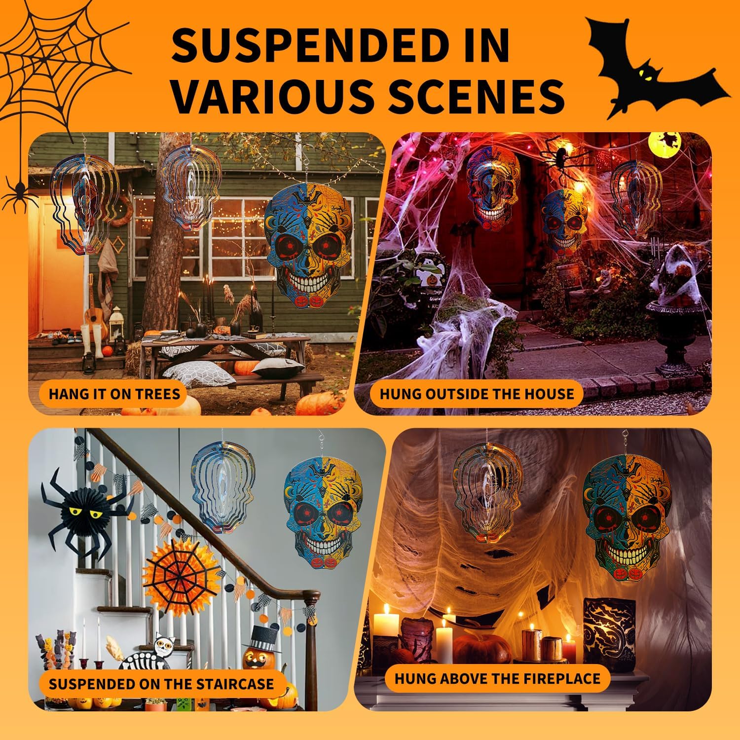 12 inch Halloween Decoration Skull Wind Spinner Clearance - 3D Metal Garden Spinner, Mandala Kinetic Art Outdoor Decor -Handcrafted Hanging Ornament for Outdoor,Patio, Yard，Garden