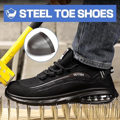 Miniatura 3 de GLANOUDUN Zapatos de punta de acero para hombre, zapatos de trabajo negros, zapatos de seguridad ligeros para hombres, zapatos de seguridad