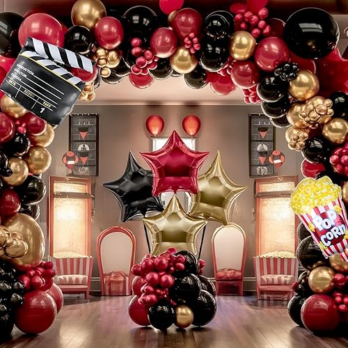 Miniatura 6 de Kit de arco de guirnalda de globos de noche de película, globos rojos y negros dorados con cámara de papel de aluminio de estrella, globos de