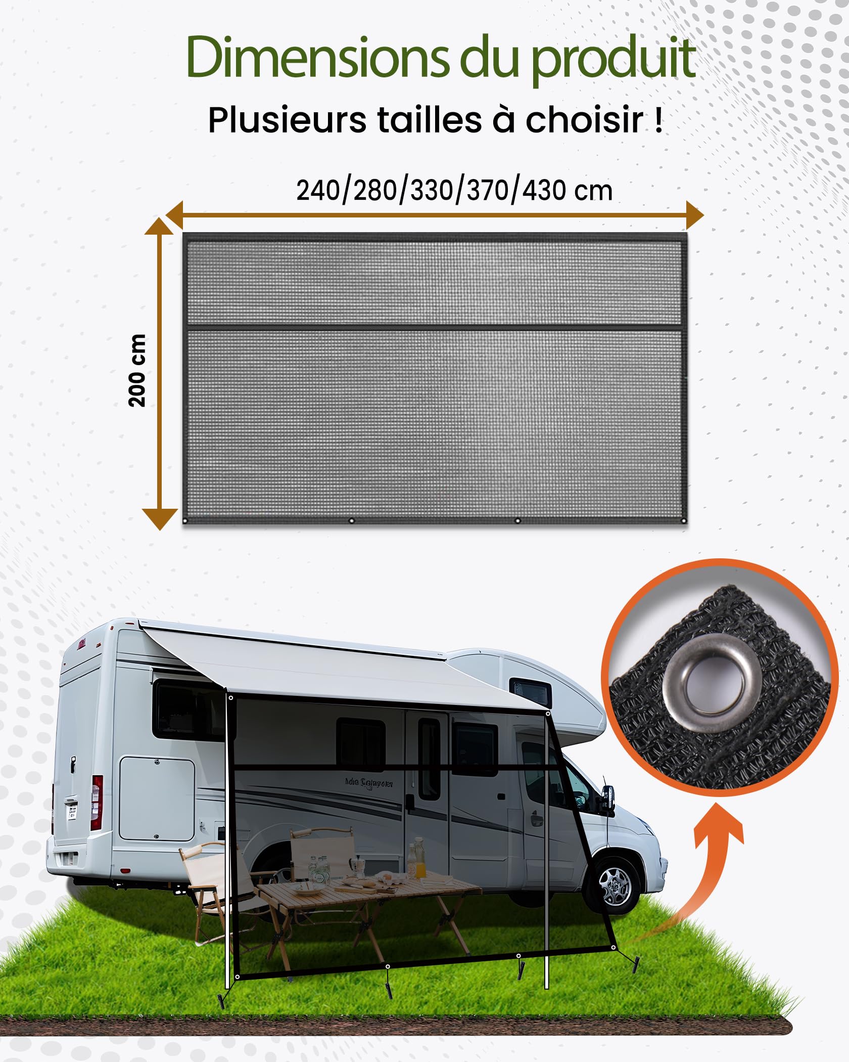 Pare-Soleil pour Camping-Car, Paroi Avant pour auvent, 75% View Blocker Stores, Protection Solaire Protection visuelle pour Camping-Car, Caravane 2x4.3m (HxL)