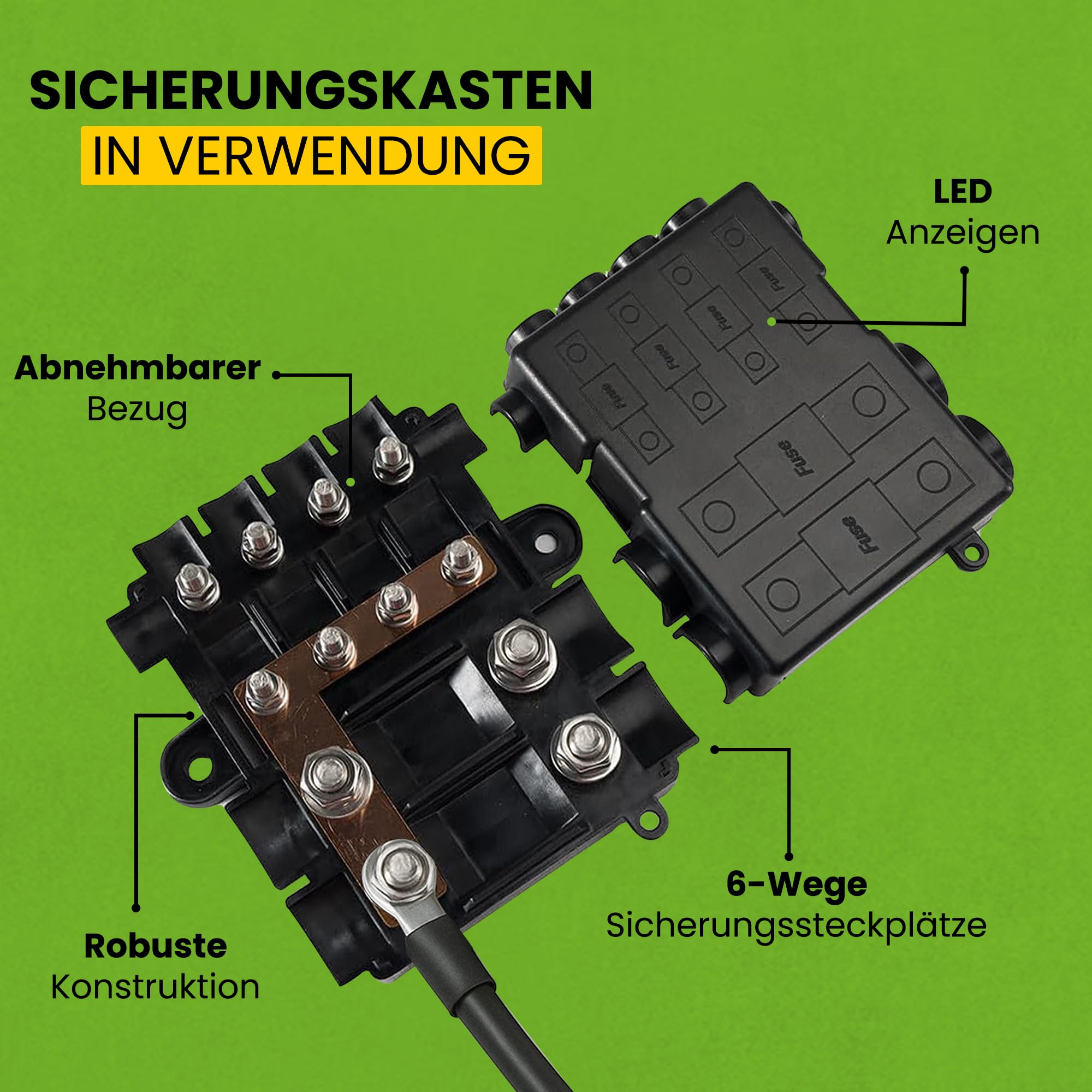 Offgridtec Sicherungshalter für 2X MEGA + 4X MIDI Sicherungen, Inklusive Busbar, Polyamid-Gehäuse MIT Abdeckung, Robuste Stromverteilungssicherung für hohe UND mittlere Stromkreise