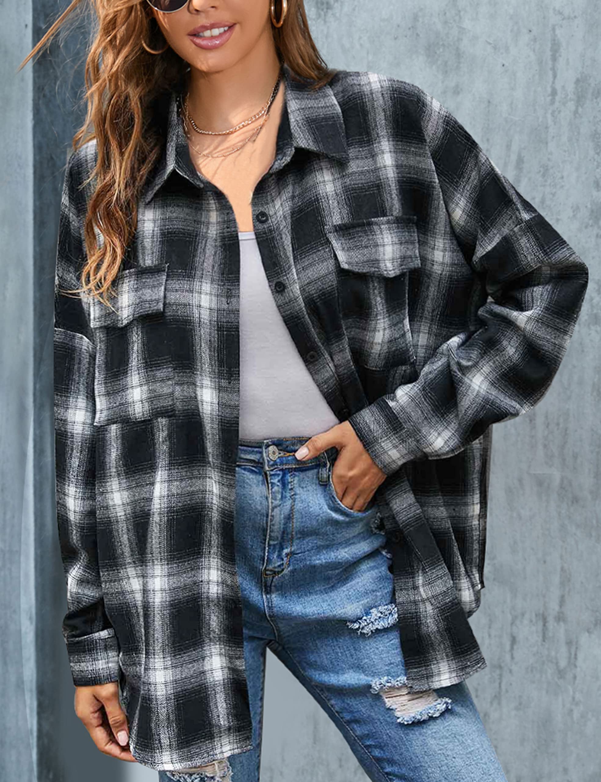 Zontroldy Camisa de franela a cuadros para mujer, de gran tamaño, ligera, con botones
