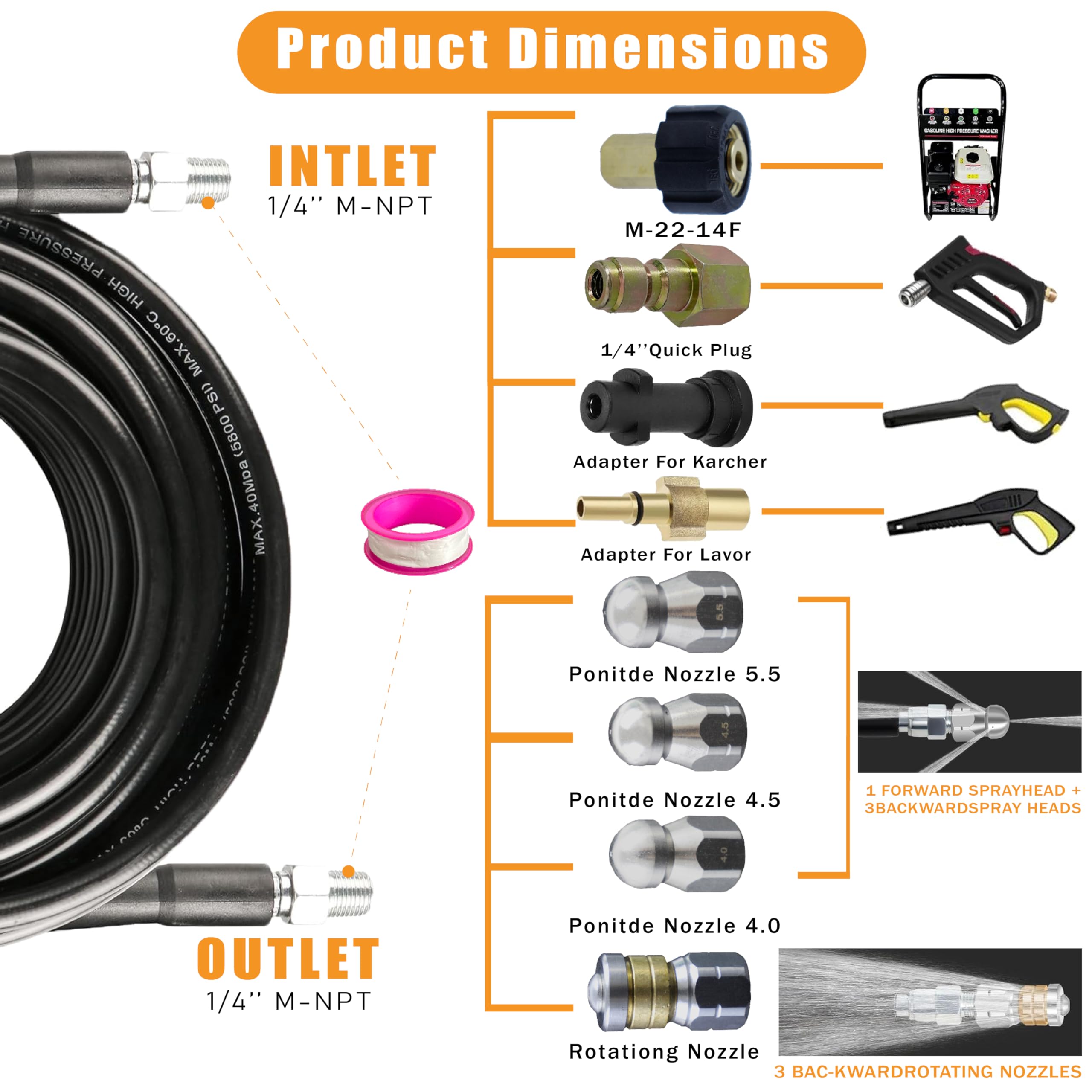 Rohrreinigungsschlauch Set 30m,kompatibel mit Kärcher k2-k7, Lavor, Bosch Hochdruckreiniger,400 Bar / 5800PSI, universal Rohrreinigungsset for Blocked Drains, Gutters & Downpipes