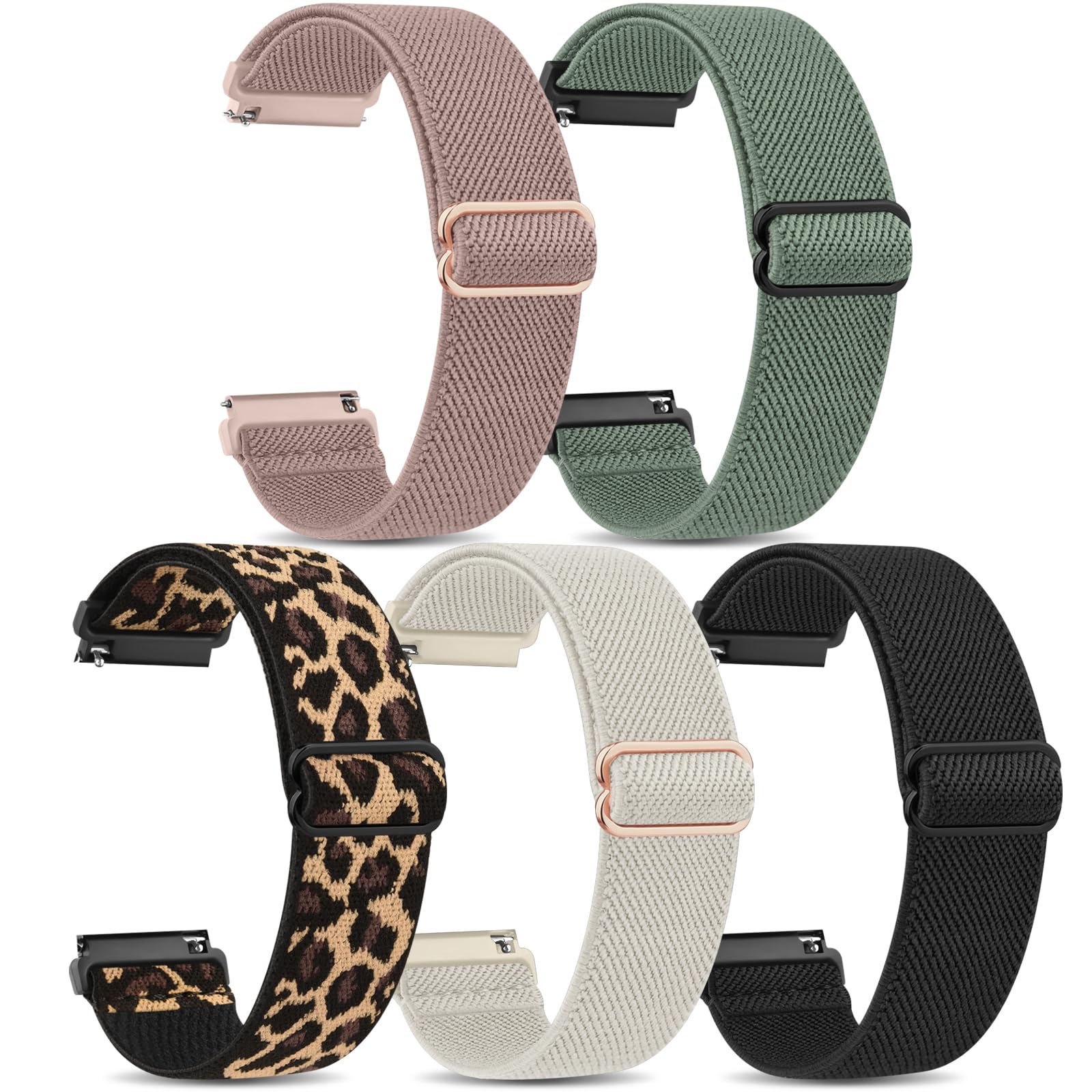 Vancle 5 Stück Uhrenarmband 20mm Damen Herren, Neues Elastische Nylon Smartwatch Armband 20mm Atmungsaktives Ersatzarmbänder Zubehör für Frauen Männer (Schwarz+Polarstern+Rosa+Olivgrün+Leopard)