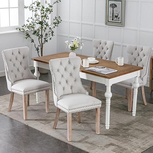 Miniatura 2 de Juego de 4 sillas de comedor modernas, sillas de comedor tapizadas con patas de madera maciza, silla de cocina de tela de lino beige, Sillas de