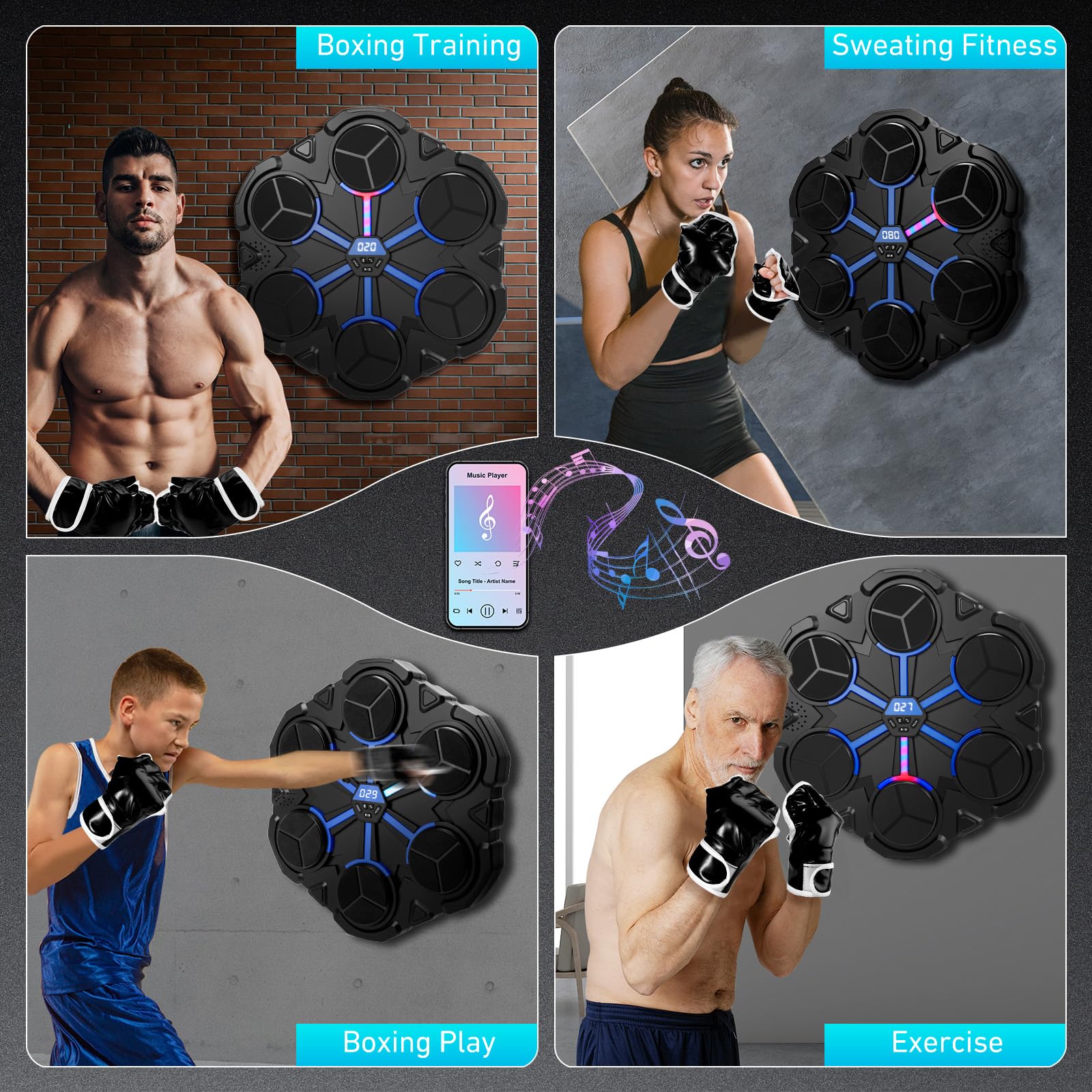 Music Boxing Machine, LED Elektronische Musik Boxmaschine mit Bluetooth, 9 Geschwindigkeitsmodi & 3 Zählmodus, Wandmontierte Boxmaschine mit Boxhandschuhen für Erwachsene & Kinder, Stress Release