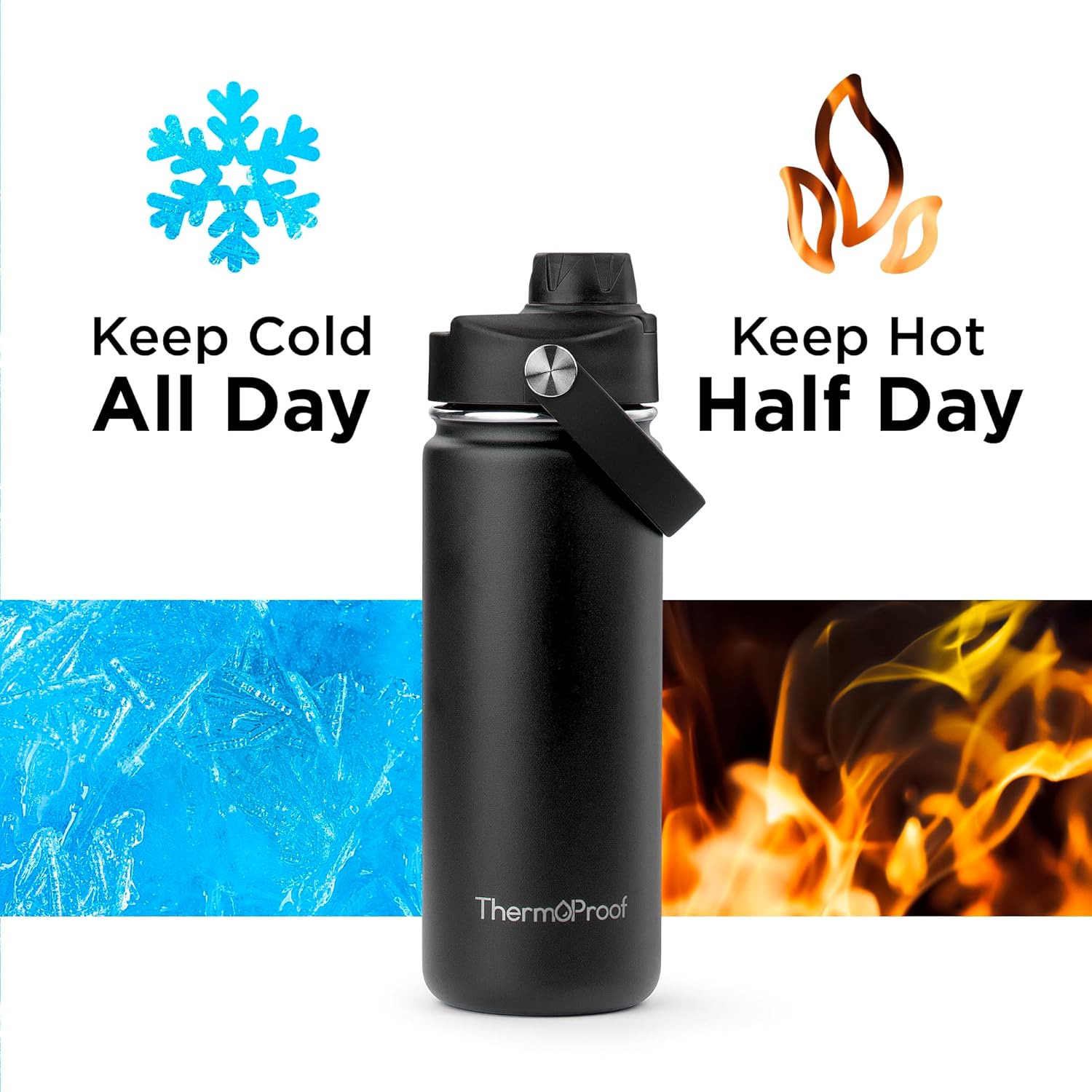 ThermoProof Insulated Water Bottle – Stainless Steel, Wide Mouth, Flip & Spout Lids, Leakproof, Dishwasher Safe, Reusable – Keeps Drinks Hot or Cold – for Adults & Kids – 18oz, Black - Image 4