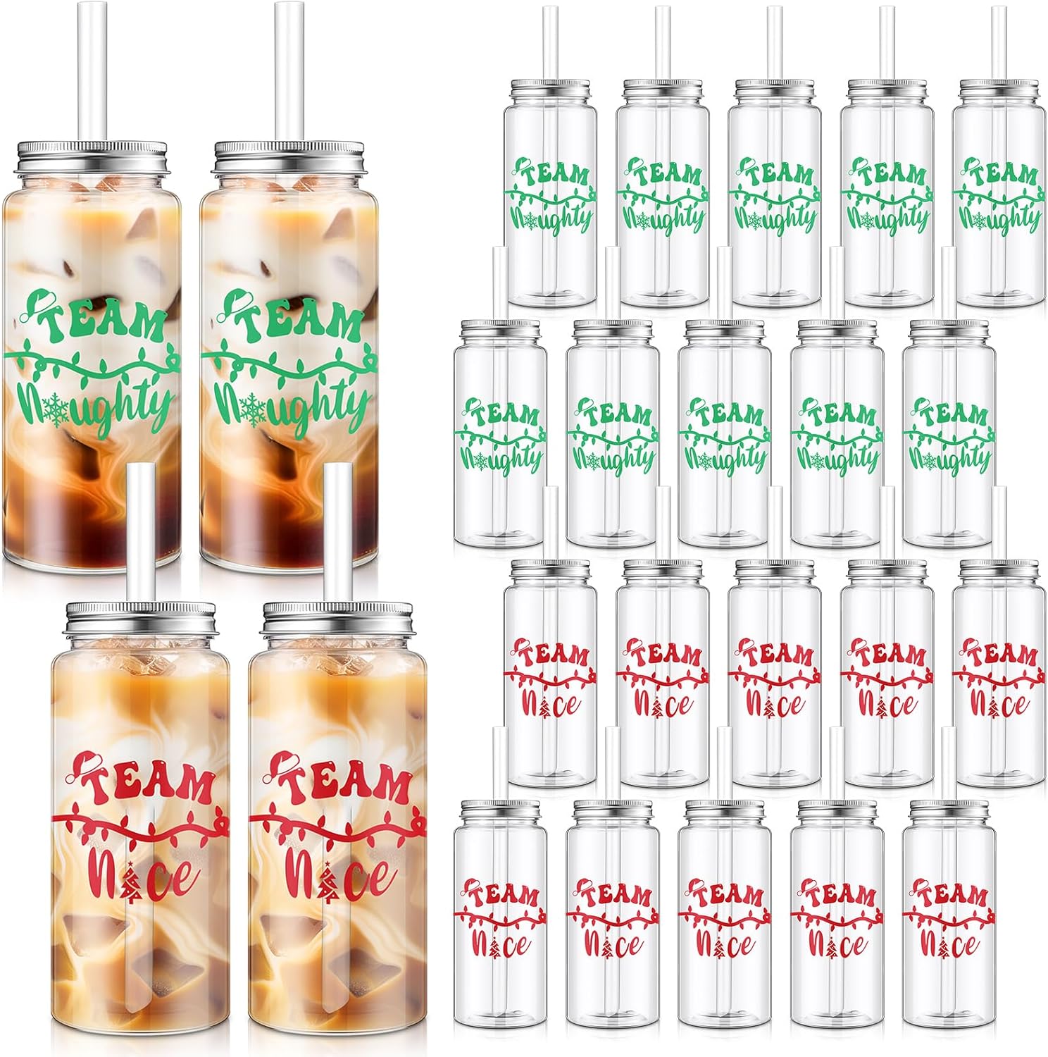 Vesici 24 Pack Christmas Party Plastic Cups with Lid and Straw 13.5 oz Team Naughty or Nice Clear Reusable Plastic Tumbler Christmas Printed Design for Party Birthday Supplies