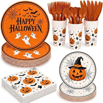 168 Pcs Halloween Disposable Tableware Serves 24 Pumpkin Ghost Bat