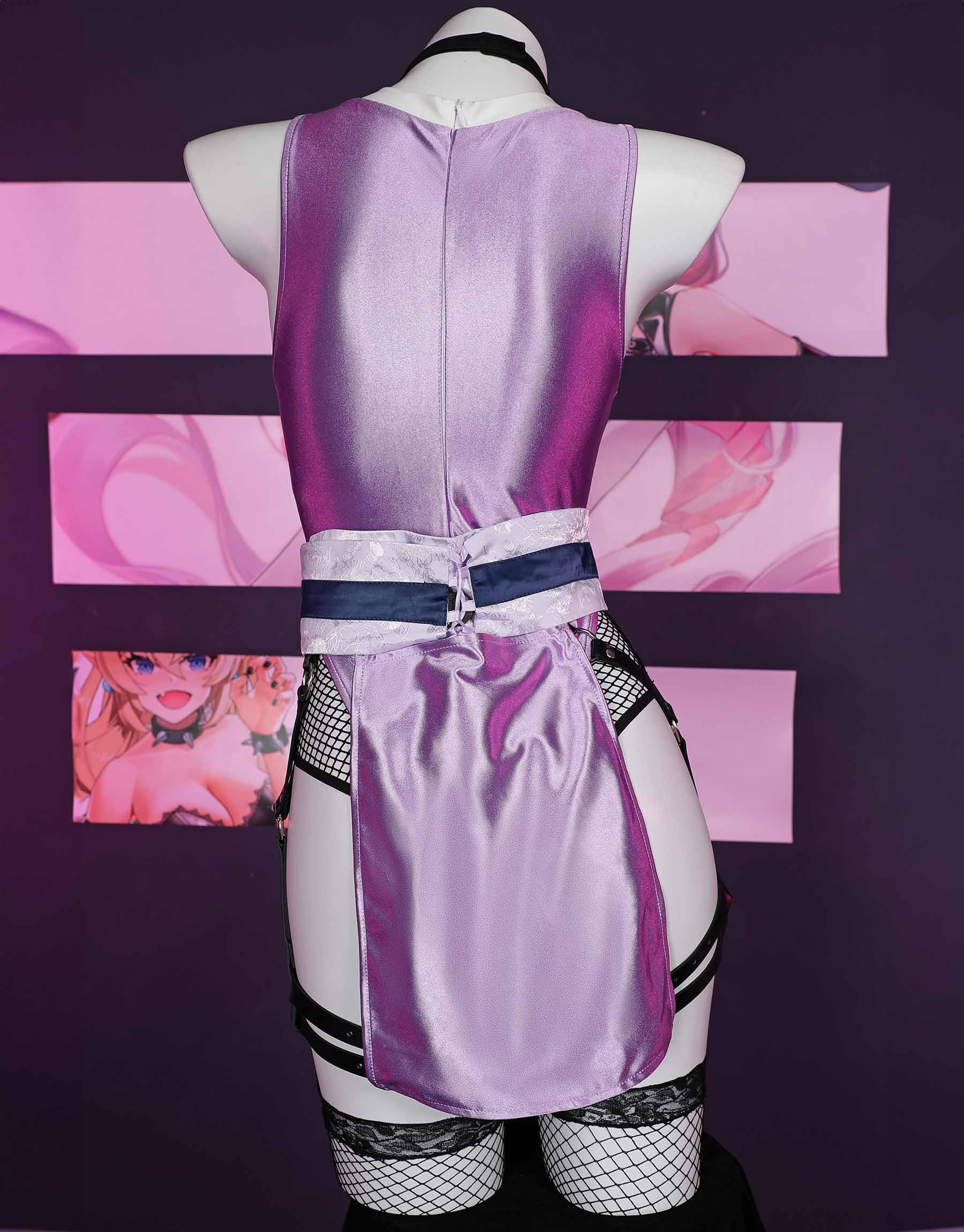 Mobbunny Womens Anime Cosplay Costume Purple High Slit Bodysuit Fishnet Mesh Bodysuit with Mask and Thigh Socks: Small Purple